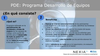 Desarrollo de personas para la excelencia empresarial
¿En qué consiste?
PDE: Programa Desarrollo de Equipos
Beneficios
● Mejorar el nivel de autoconocimiento de los participantes
individualmente y del equipo en su conjunto. Identificar las fortalezas
y áreas de mejora.
● Alinear los objetivos empresariales con los propios del equipo.
Mejorar la motivación y el nivel de compromiso.
● Identificar de manera clara los retos a los que se enfrentan para
funcionar como un verdadero equipo y alcanzar los objetivos
empresariales de una manera eficiente.
● Definir y ejecutar un plan de acción que les permita alcanzar los
objetivos marcados.
● Definir indicadores de éxito para el el seguimiento y la evaluación
del impacto real del programa en el equipo.
¿Qué es?
Programa enfocado en la
identificación de
fortalezas y áreas de
mejora de los equipos de
trabajo como punto de
partida para el desarrollo
de todo su potencial
orientado a la consecución
de los retos profesionales
a los que se enfrentan.
11 2
 