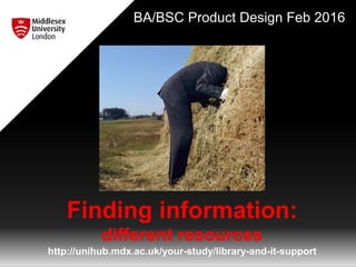 Finding information:
different resources
http://unihub.mdx.ac.uk/your-study/library-and-it-support
BA/BSC Product Design Feb 2016
 