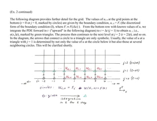 (Ex. 2 continued)
The following diagram provides further detail for the grid. The values of ui, 0 at the grid points at the
bottom (t = 0 or j = 0, marked by circles) are given by the boundary condition, ui, 0 = Fi (the discretized
form of the boundary condition (I), where Fi ≡ F(i∆x) ). From the bottom row with known values of u, we
integrate the PDE forward in t ("upward" in the following diagram) to t = ∆t (j = 1) to obtain ui, 1, i.e.,
u(x,∆t), marked by green triangles. The process then continues to the next level at j = 2 (t = 2∆t), and so on.
In the diagram, the arrows that connect a circle to a triangle are only symbolic. Usually, the value of u at a
triangle with j = 1 is determined by not only the value of u at the circle below it but also those at several
neighboring circles. This will be clarified shortly.
 