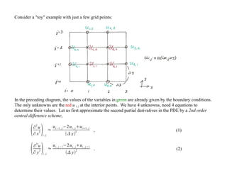 Consider a "toy" example with just a few grid points:
In the preceding diagram, the values of the variables in green are already given by the boundary conditions.
The only unknowns are the red u i, j at the interior points. We have 4 unknowns, need 4 equations to
determine their values. Let us first approximate the second partial derivatives in the PDE by a 2nd order
central difference scheme,
∂
2
u
∂ x
2 i , j
≈
ui−1, j−2ui , jui1, j
 x
2 , (1)
∂
2
u
∂ y
2 i , j
≈
ui , j−1−2ui , jui , j1
 y
2 . (2)
 