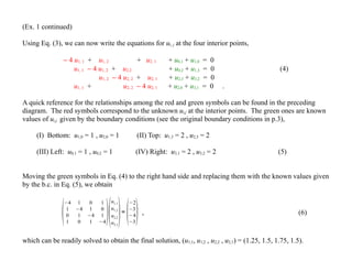(Ex. 1 continued)
Using Eq. (3), we can now write the equations for ui, j at the four interior points,
− 4 u1, 1 + u1, 2 + u2, 1 + u0,1 + u1,0 = 0
u1, 1 − 4 u1, 2 + u2,2 + u0,2 + u1,3 = 0 (4)
u1, 2 − 4 u2, 2 + u2, 1 + u2,3 + u3,2 = 0
u1, 1 + u2, 2 − 4 u2, 1 + u2,0 + u3,1 = 0 .
A quick reference for the relationships among the red and green symbols can be found in the preceding
diagram. The red symbols correspond to the unknown ui,j at the interior points. The green ones are known
values of ui,j given by the boundary conditions (see the original boundary conditions in p.3),
(I) Bottom: u1,0 = 1 , u2,0 = 1 (II) Top: u1,3 = 2 , u2,3 = 2
(III) Left: u0,1 = 1 , u0,2 = 1 (IV) Right: u3,1 = 2 , u3,2 = 2 (5)
Moving the green symbols in Eq. (4) to the right hand side and replacing them with the known values given
by the b.c. in Eq. (5), we obtain

−4 1 0 1
1 −4 1 0
0 1 −4 1
1 0 1 −4

u1,1
u1,2
u2,2
u2,1
=

−2
−3
−4
−3
, (6)
which can be readily solved to obtain the final solution, (u1,1, u1,2 , u2,2 , u2,1) = (1.25, 1.5, 1.75, 1.5).
 