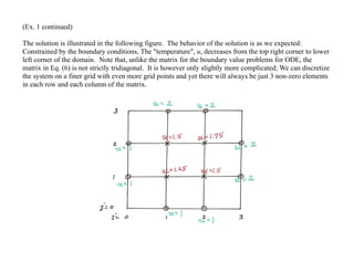 (Ex. 1 continued)
The solution is illustrated in the following figure. The behavior of the solution is as we expected:
Constrained by the boundary conditions, The "temperature", u, decreases from the top right corner to lower
left corner of the domain. Note that, unlike the matrix for the boundary value problems for ODE, the
matrix in Eq. (6) is not strictly tridiagonal. It is however only slightly more complicated; We can discretize
the system on a finer grid with even more grid points and yet there will always be just 3 non-zero elements
in each row and each column of the matrix.
 
