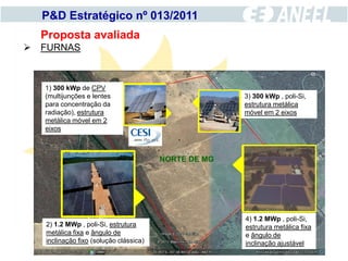 P&D Estratégico nº 013/2011
  Proposta avaliada
 FURNAS



   1) 300 kWp de CPV
   (multijunções e lentes                                  3) 300 kWp , poli-Si,
   para concentração da                                    estrutura metálica




                                   ‘’




                                                      ‘’
   radiação), estrutura                                    móvel em 2 eixos
   metálica móvel em 2
   eixos



                                        NORTE DE MG




                                                                     ‘’
                   ‘’




                                                           4) 1.2 MWp , poli-Si,
   2) 1.2 MWp , poli-Si, estrutura                         estrutura metálica fixa
   metálica fixa e ângulo de                               e ângulo de
   inclinação fixo (solução clássica)                      inclinação ajustável
 