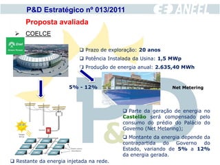 P&D Estratégico nº 013/2011
      Proposta avaliada
  COELCE

                            Prazo de exploração: 20 anos
                            Potência Instalada da Usina: 1,5 MWp
                            Produção de energia anual: 2.635,40 MWh



                       5% - 12%                              Net Metering




                                            Parte da geração de energia no
                                           Castelão será compensado pelo
                                           consumo do prédio do Palácio do
                                           Governo (Net Metering);
                                            Montante da energia depende da
                                           contrapartida do Governo do
                                           Estado, variando de 5% a 12%
                                           da energia gerada.
 Restante da energia injetada na rede.
 