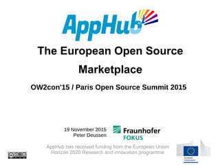 The European Open Source
Marketplace
AppHub has received funding from the European Union
Horizon 2020 Research and innovation programme
19 November 2015
Peter Deussen
OW2con'15 / Paris Open Source Summit 2015
 