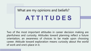 A T T I T U D E S
What are my opinions and beliefs?
Two of the most important attitudes in career decision making are
planfulness and curiosity. Attitudes toward planning reflect a future
orientation, an awareness of choices to be made upon choosing
career. Attitude toward exploration means curiosity about the world
of work and one’s place in it.
 