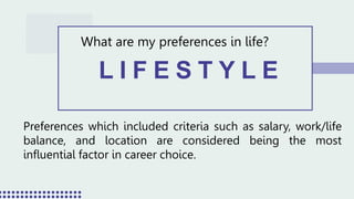L I F E S T Y L E
What are my preferences in life?
Preferences which included criteria such as salary, work/life
balance, and location are considered being the most
influential factor in career choice.
 