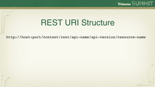 REST URI Structure
http://host:port/context/rest/api-name/api-version/resource-name
 