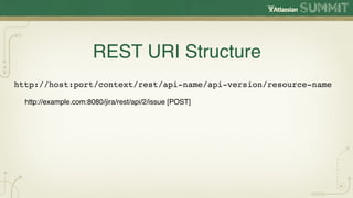 REST URI Structure
http://host:port/context/rest/api-name/api-version/resource-name

  http://example.com:8080/jira/rest/api/2/issue [POST]
 