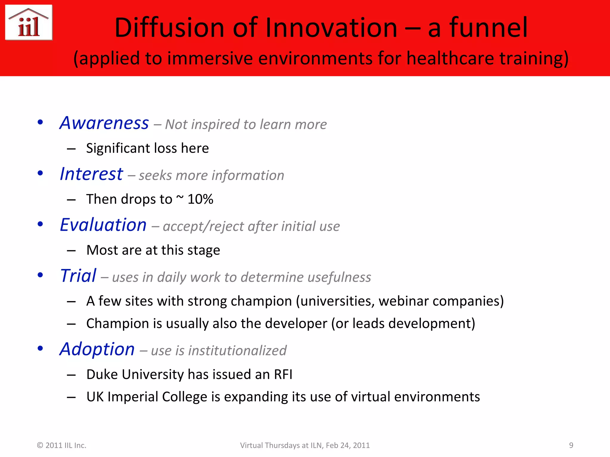 Diffusion of Innovation – a funnel (applied to immersive environments for healthcare training) Awareness  – Not inspired to learn more  Significant loss here Interest  – seeks more information Then drops to ~ 10% Evaluation  – accept/reject after initial use Most are at this stage Trial  – uses in daily work to determine usefulness A few sites with strong champion (universities, webinar companies) Champion is usually also the developer (or leads development) Adoption  – use is institutionalized Duke University has issued an RFI UK Imperial College is expanding its use of virtual environments © 2011 IIL Inc. Virtual Thursdays at ILN, Feb 24, 2011 