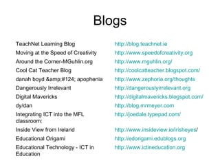 Blogs TeachNet Learning Blog  http://blog.teachnet.ie   Moving at the Speed of Creativity http://www.speedofcreativity.org   Around the Corner-MGuhlin.org http://www.mguhlin.org/ Cool Cat Teacher Blog http://coolcatteacher.blogspot.com/ danah boyd &amp;#124; apophenia  http://www.zephoria.org/thoughts Dangerously Irrelevant http://dangerouslyirrelevant.org Digital Mavericks http://digitalmavericks.blogspot.com/ dy/dan http://blog.mrmeyer.com Integrating ICT into the MFL classroom: http://joedale.typepad.com/   Inside View from Ireland  http://www.insideview.ie/irisheyes / Educational Origami  http://edorigami.edublogs.org Educational Technology - ICT in Education  http://www.ictineducation.org 