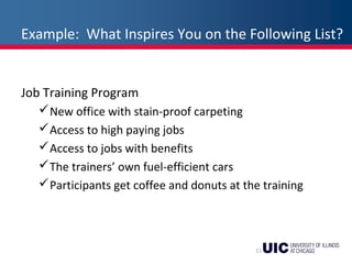 Example: What Inspires You on the Following List?
Job Training Program
New office with stain-proof carpeting
Access to high paying jobs
Access to jobs with benefits
The trainers’ own fuel-efficient cars
Participants get coffee and donuts at the training
11
 