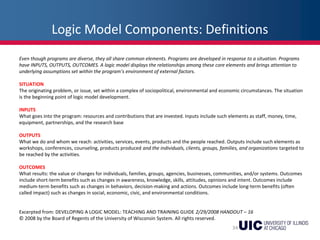 Logic Model Components: Definitions
34
Even though programs are diverse, they all share common elements. Programs are developed in response to a situation. Programs
have INPUTS, OUTPUTS, OUTCOMES. A logic model displays the relationships among these core elements and brings attention to
underlying assumptions set within the program’s environment of external factors.
SITUATION
The originating problem, or issue, set within a complex of sociopolitical, environmental and economic circumstances. The situation
is the beginning point of logic model development.
INPUTS
What goes into the program: resources and contributions that are invested. Inputs include such elements as staff, money, time,
equipment, partnerships, and the research base
OUTPUTS
What we do and whom we reach: activities, services, events, products and the people reached. Outputs include such elements as
workshops, conferences, counseling, products produced and the individuals, clients, groups, families, and organizations targeted to
be reached by the activities.
OUTCOMES
What results: the value or changes for individuals, families, groups, agencies, businesses, communities, and/or systems. Outcomes
include short-term benefits such as changes in awareness, knowledge, skills, attitudes, opinions and intent. Outcomes include
medium-term benefits such as changes in behaviors, decision-making and actions. Outcomes include long-term benefits (often
called impact) such as changes in social, economic, civic, and environmental conditions.
Excerpted from: DEVELOPING A LOGIC MODEL: TEACHING AND TRAINING GUIDE 2/29/2008 HANDOUT – 16
© 2008 by the Board of Regents of the University of Wisconsin System. All rights reserved.
 