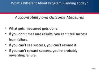 What’s Different About Program Planning Today?
Accountability and Outcome Measures
• What gets measured gets done.
• If you don’t measure results, you can’t tell success
from failure.
• If you can’t see success, you can’t reward it.
• If you can’t reward success, you’re probably
rewarding failure.
 