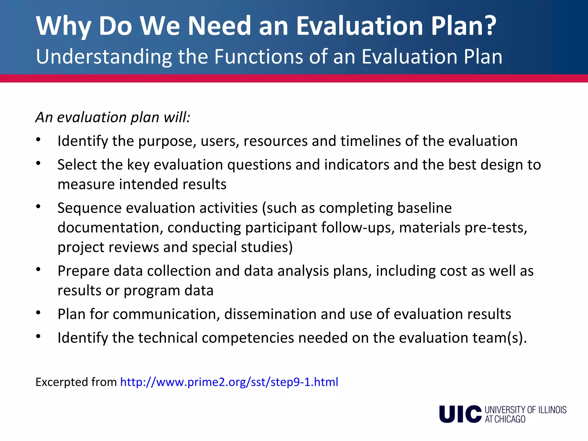 Why Do We Need an Evaluation Plan?
Understanding the Functions of an Evaluation Plan
An evaluation plan will:
• Identify the purpose, users, resources and timelines of the evaluation
• Select the key evaluation questions and indicators and the best design to
measure intended results
• Sequence evaluation activities (such as completing baseline
documentation, conducting participant follow-ups, materials pre-tests,
project reviews and special studies)
• Prepare data collection and data analysis plans, including cost as well as
results or program data
• Plan for communication, dissemination and use of evaluation results
• Identify the technical competencies needed on the evaluation team(s).
Excerpted from http://www.prime2.org/sst/step9-1.html
 