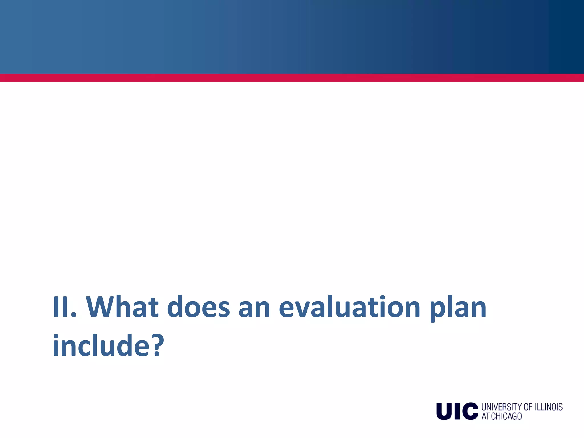 II. What does an evaluation plan
include?
 