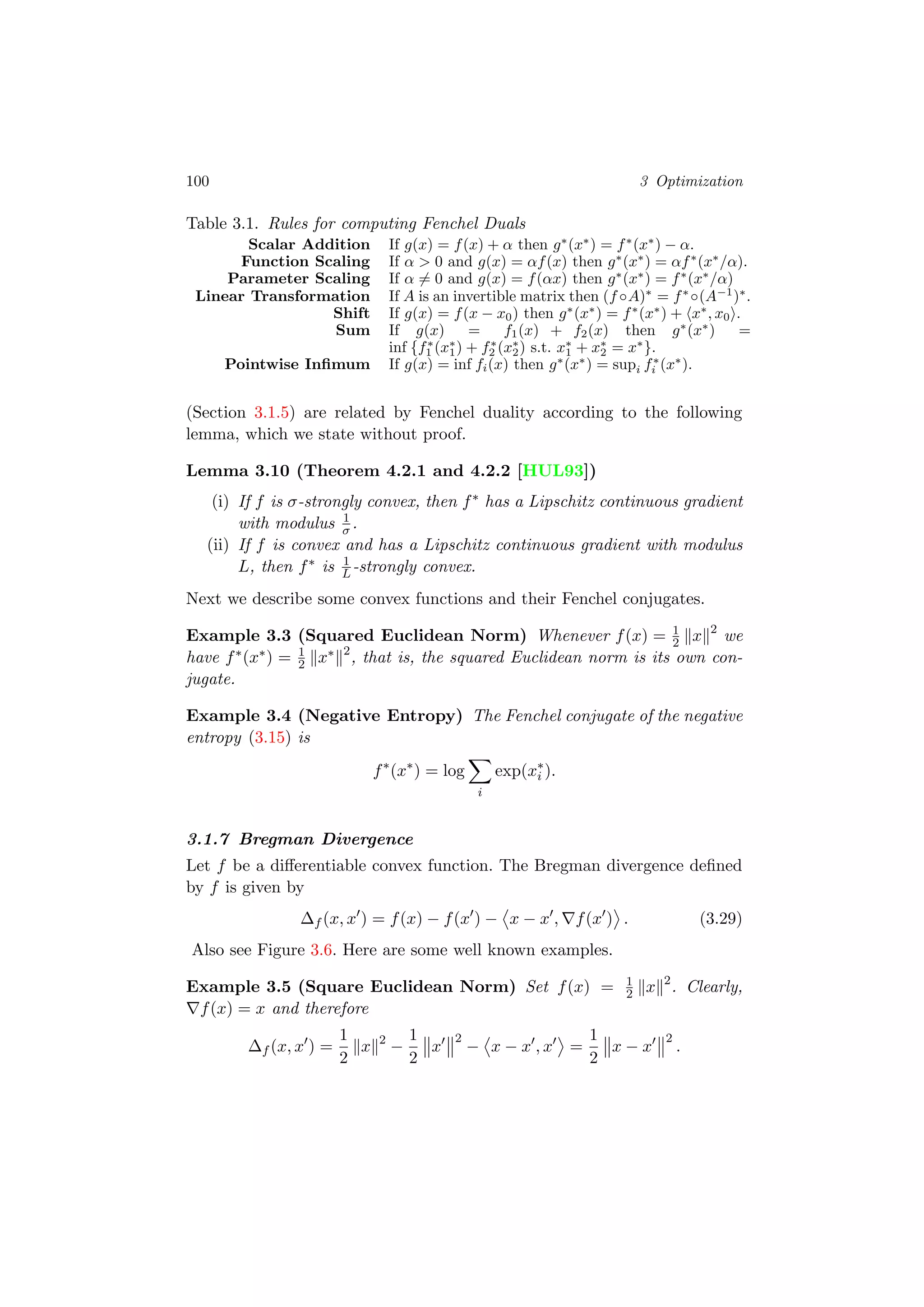 100 3 Optimization
Table 3.1. Rules for computing Fenchel Duals
Scalar Addition If g(x) = f(x) + α then g∗
(x∗
) = f∗
(x∗
) − α.
Function Scaling If α > 0 and g(x) = αf(x) then g∗
(x∗
) = αf∗
(x∗
/α).
Parameter Scaling If α = 0 and g(x) = f(αx) then g∗
(x∗
) = f∗
(x∗
/α)
Linear Transformation If A is an invertible matrix then (f ◦A)∗
= f∗
◦(A−1
)∗
.
Shift If g(x) = f(x − x0) then g∗
(x∗
) = f∗
(x∗
) + x∗
, x0 .
Sum If g(x) = f1(x) + f2(x) then g∗
(x∗
) =
inf {f∗
1 (x∗
1) + f∗
2 (x∗
2) s.t. x∗
1 + x∗
2 = x∗
}.
Pointwise Inﬁmum If g(x) = inf fi(x) then g∗
(x∗
) = supi f∗
i (x∗
).
(Section 3.1.5) are related by Fenchel duality according to the following
lemma, which we state without proof.
Lemma 3.10 (Theorem 4.2.1 and 4.2.2 [HUL93])
(i) If f is σ-strongly convex, then f∗ has a Lipschitz continuous gradient
with modulus 1
σ .
(ii) If f is convex and has a Lipschitz continuous gradient with modulus
L, then f∗ is 1
L -strongly convex.
Next we describe some convex functions and their Fenchel conjugates.
Example 3.3 (Squared Euclidean Norm) Whenever f(x) = 1
2 x 2
we
have f∗(x∗) = 1
2 x∗ 2
, that is, the squared Euclidean norm is its own con-
jugate.
Example 3.4 (Negative Entropy) The Fenchel conjugate of the negative
entropy (3.15) is
f∗
(x∗
) = log
i
exp(x∗
i ).
3.1.7 Bregman Divergence
Let f be a diﬀerentiable convex function. The Bregman divergence deﬁned
by f is given by
∆f (x, x ) = f(x) − f(x ) − x − x , f(x ) . (3.29)
Also see Figure 3.6. Here are some well known examples.
Example 3.5 (Square Euclidean Norm) Set f(x) = 1
2 x 2
. Clearly,
f(x) = x and therefore
∆f (x, x ) =
1
2
x 2
−
1
2
x
2
− x − x , x =
1
2
x − x
2
.
 