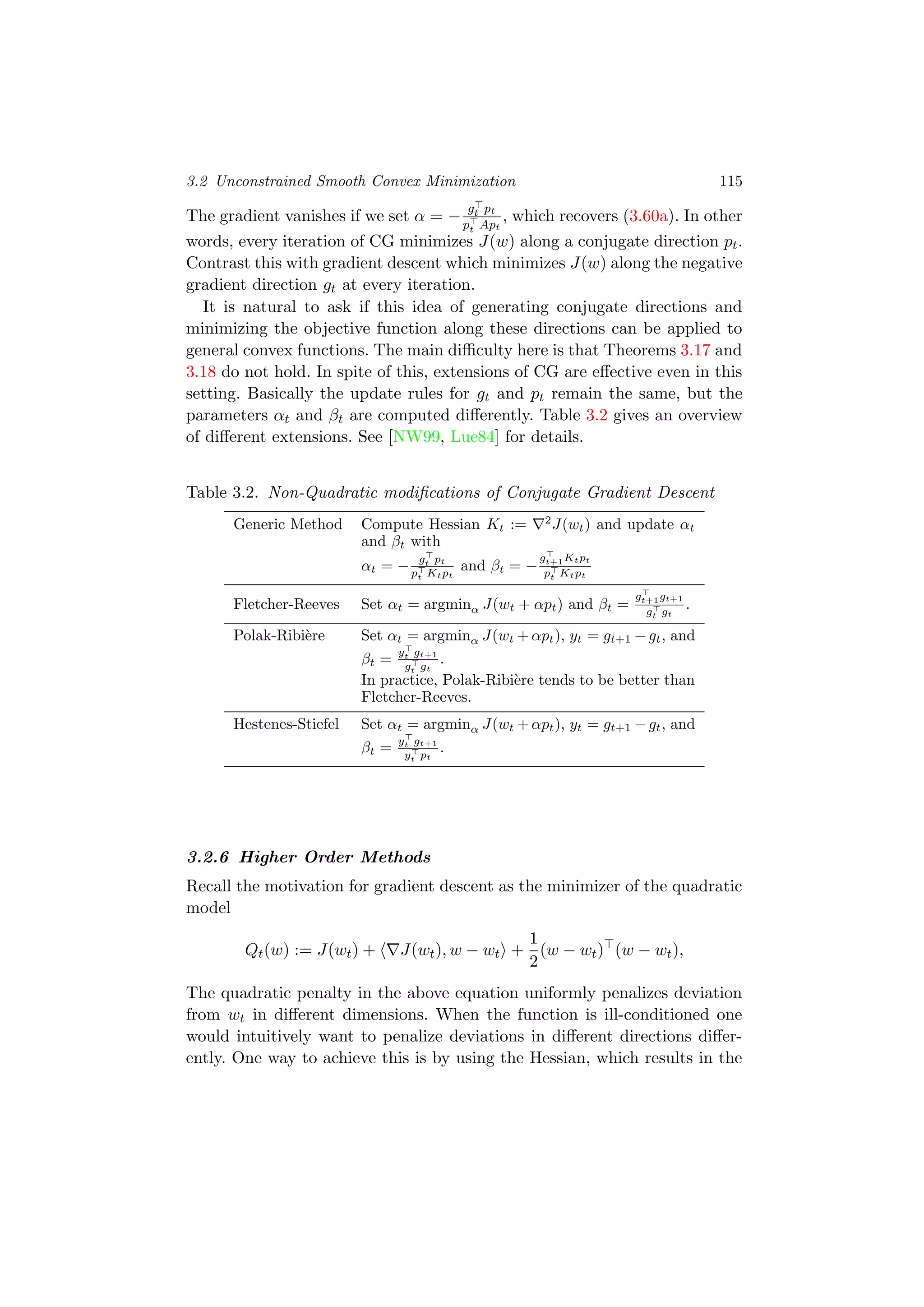 3.2 Unconstrained Smooth Convex Minimization 115
The gradient vanishes if we set α = −
gt pt
pt Apt
, which recovers (3.60a). In other
words, every iteration of CG minimizes J(w) along a conjugate direction pt.
Contrast this with gradient descent which minimizes J(w) along the negative
gradient direction gt at every iteration.
It is natural to ask if this idea of generating conjugate directions and
minimizing the objective function along these directions can be applied to
general convex functions. The main diﬃculty here is that Theorems 3.17 and
3.18 do not hold. In spite of this, extensions of CG are eﬀective even in this
setting. Basically the update rules for gt and pt remain the same, but the
parameters αt and βt are computed diﬀerently. Table 3.2 gives an overview
of diﬀerent extensions. See [NW99, Lue84] for details.
Table 3.2. Non-Quadratic modiﬁcations of Conjugate Gradient Descent
Generic Method Compute Hessian Kt := 2
J(wt) and update αt
and βt with
αt = −
gt pt
pt Ktpt
and βt = −
gt+1Ktpt
pt Ktpt
Fletcher-Reeves Set αt = argminα J(wt + αpt) and βt =
gt+1gt+1
gt gt
.
Polak-Ribi`ere Set αt = argminα J(wt + αpt), yt = gt+1 − gt, and
βt =
yt gt+1
gt gt
.
In practice, Polak-Ribi`ere tends to be better than
Fletcher-Reeves.
Hestenes-Stiefel Set αt = argminα J(wt + αpt), yt = gt+1 − gt, and
βt =
yt gt+1
yt pt
.
3.2.6 Higher Order Methods
Recall the motivation for gradient descent as the minimizer of the quadratic
model
Qt(w) := J(wt) + J(wt), w − wt +
1
2
(w − wt) (w − wt),
The quadratic penalty in the above equation uniformly penalizes deviation
from wt in diﬀerent dimensions. When the function is ill-conditioned one
would intuitively want to penalize deviations in diﬀerent directions diﬀer-
ently. One way to achieve this is by using the Hessian, which results in the
 
