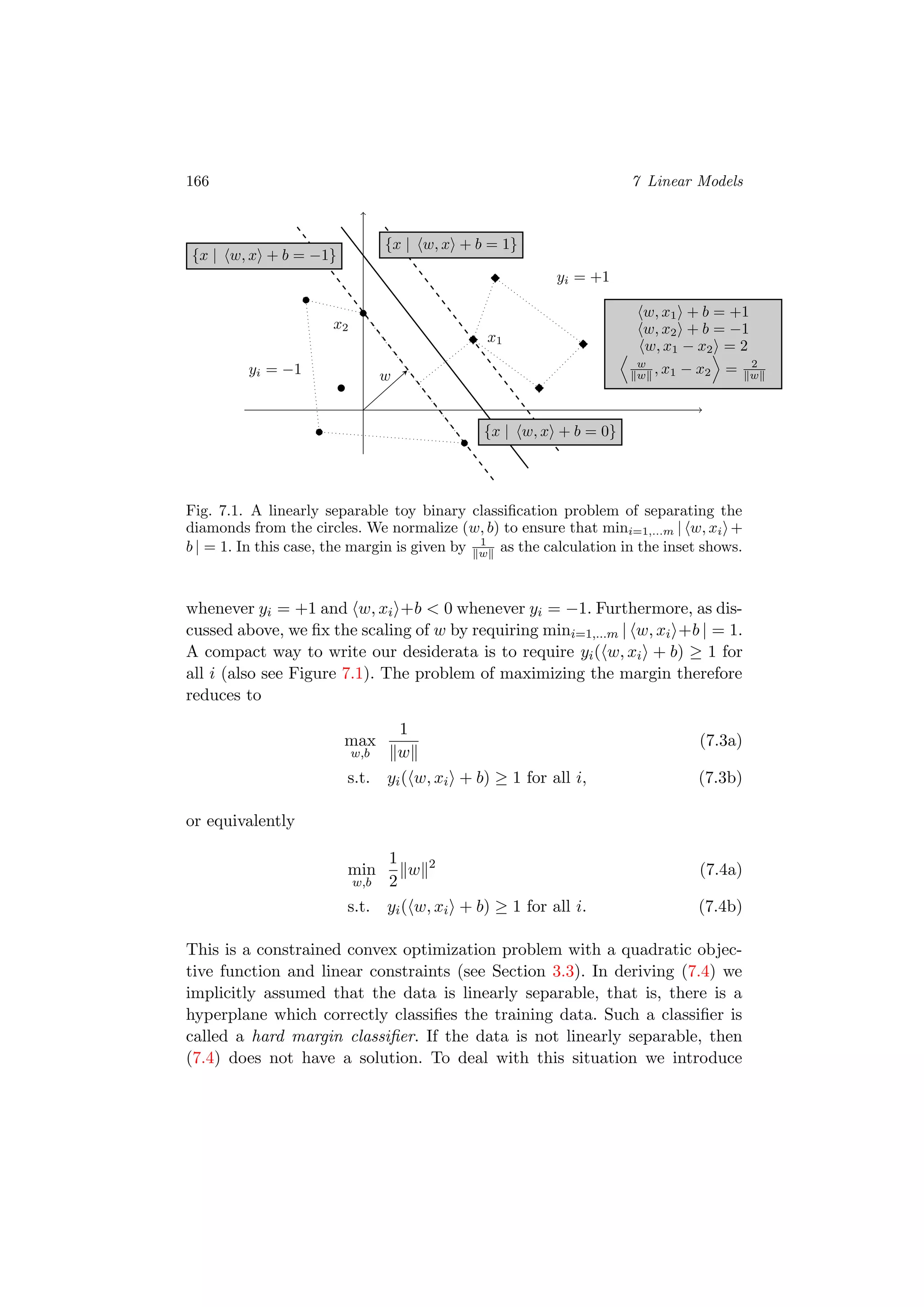 166 7 Linear Models
x1
w
x2
yi = −1
yi = +1
{x | w, x + b = −1}
{x | w, x + b = 1}
{x | w, x + b = 0}
w, x1 + b = +1
w, x2 + b = −1
w, x1 − x2 = 2
w
w , x1 − x2 = 2
w
Fig. 7.1. A linearly separable toy binary classiﬁcation problem of separating the
diamonds from the circles. We normalize (w, b) to ensure that mini=1,...m | w, xi +
b | = 1. In this case, the margin is given by 1
w as the calculation in the inset shows.
whenever yi = +1 and w, xi +b < 0 whenever yi = −1. Furthermore, as dis-
cussed above, we ﬁx the scaling of w by requiring mini=1,...m | w, xi +b | = 1.
A compact way to write our desiderata is to require yi( w, xi + b) ≥ 1 for
all i (also see Figure 7.1). The problem of maximizing the margin therefore
reduces to
max
w,b
1
w
(7.3a)
s.t. yi( w, xi + b) ≥ 1 for all i, (7.3b)
or equivalently
min
w,b
1
2
w 2
(7.4a)
s.t. yi( w, xi + b) ≥ 1 for all i. (7.4b)
This is a constrained convex optimization problem with a quadratic objec-
tive function and linear constraints (see Section 3.3). In deriving (7.4) we
implicitly assumed that the data is linearly separable, that is, there is a
hyperplane which correctly classiﬁes the training data. Such a classiﬁer is
called a hard margin classiﬁer. If the data is not linearly separable, then
(7.4) does not have a solution. To deal with this situation we introduce
 