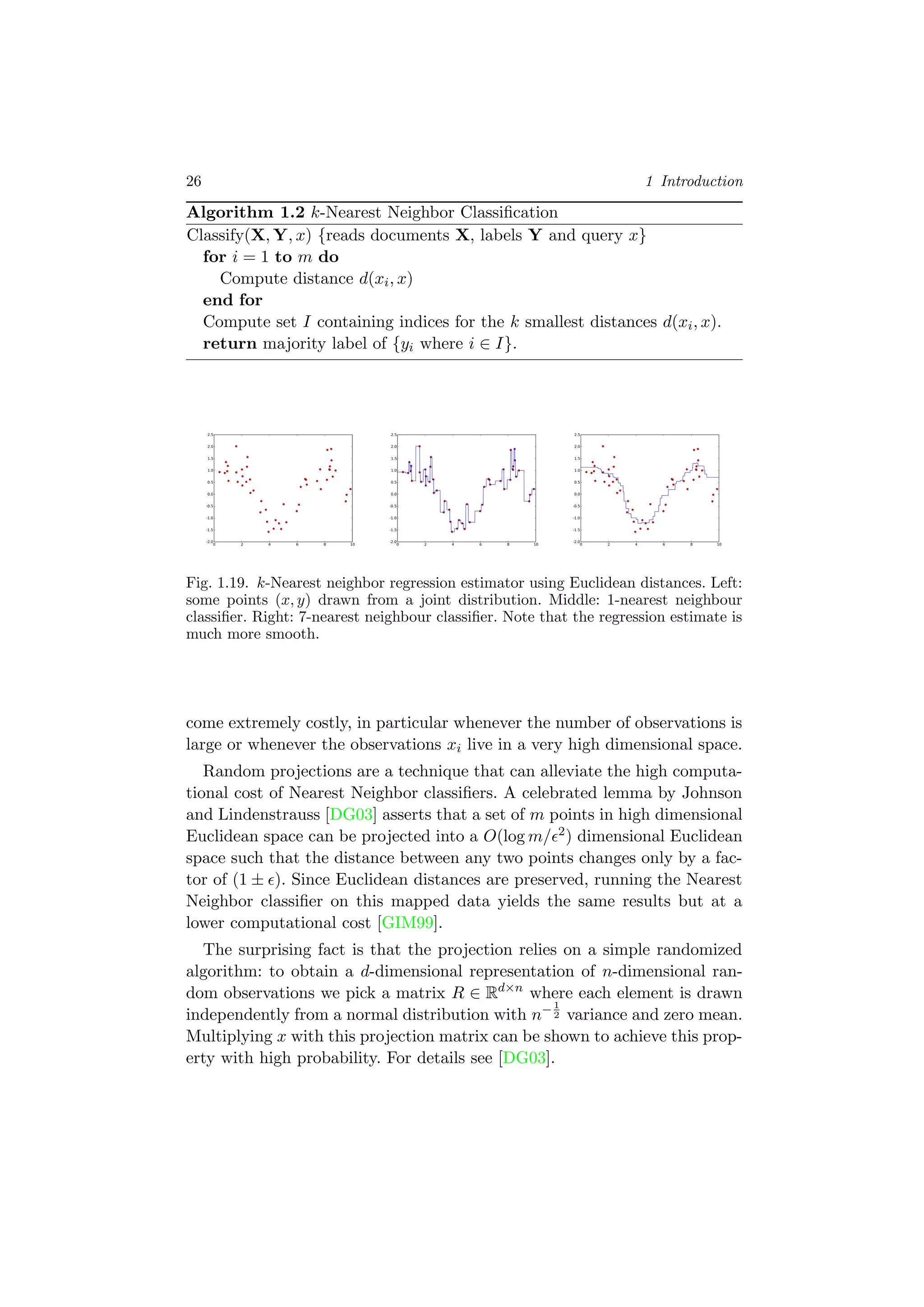 26 1 Introduction
Algorithm 1.2 k-Nearest Neighbor Classiﬁcation
Classify(X, Y, x) {reads documents X, labels Y and query x}
for i = 1 to m do
Compute distance d(xi, x)
end for
Compute set I containing indices for the k smallest distances d(xi, x).
return majority label of {yi where i ∈ I}.
Fig. 1.19. k-Nearest neighbor regression estimator using Euclidean distances. Left:
some points (x, y) drawn from a joint distribution. Middle: 1-nearest neighbour
classiﬁer. Right: 7-nearest neighbour classiﬁer. Note that the regression estimate is
much more smooth.
come extremely costly, in particular whenever the number of observations is
large or whenever the observations xi live in a very high dimensional space.
Random projections are a technique that can alleviate the high computa-
tional cost of Nearest Neighbor classiﬁers. A celebrated lemma by Johnson
and Lindenstrauss [DG03] asserts that a set of m points in high dimensional
Euclidean space can be projected into a O(log m/ 2) dimensional Euclidean
space such that the distance between any two points changes only by a fac-
tor of (1 ± ). Since Euclidean distances are preserved, running the Nearest
Neighbor classiﬁer on this mapped data yields the same results but at a
lower computational cost [GIM99].
The surprising fact is that the projection relies on a simple randomized
algorithm: to obtain a d-dimensional representation of n-dimensional ran-
dom observations we pick a matrix R ∈ Rd×n
where each element is drawn
independently from a normal distribution with n−1
2 variance and zero mean.
Multiplying x with this projection matrix can be shown to achieve this prop-
erty with high probability. For details see [DG03].
 
