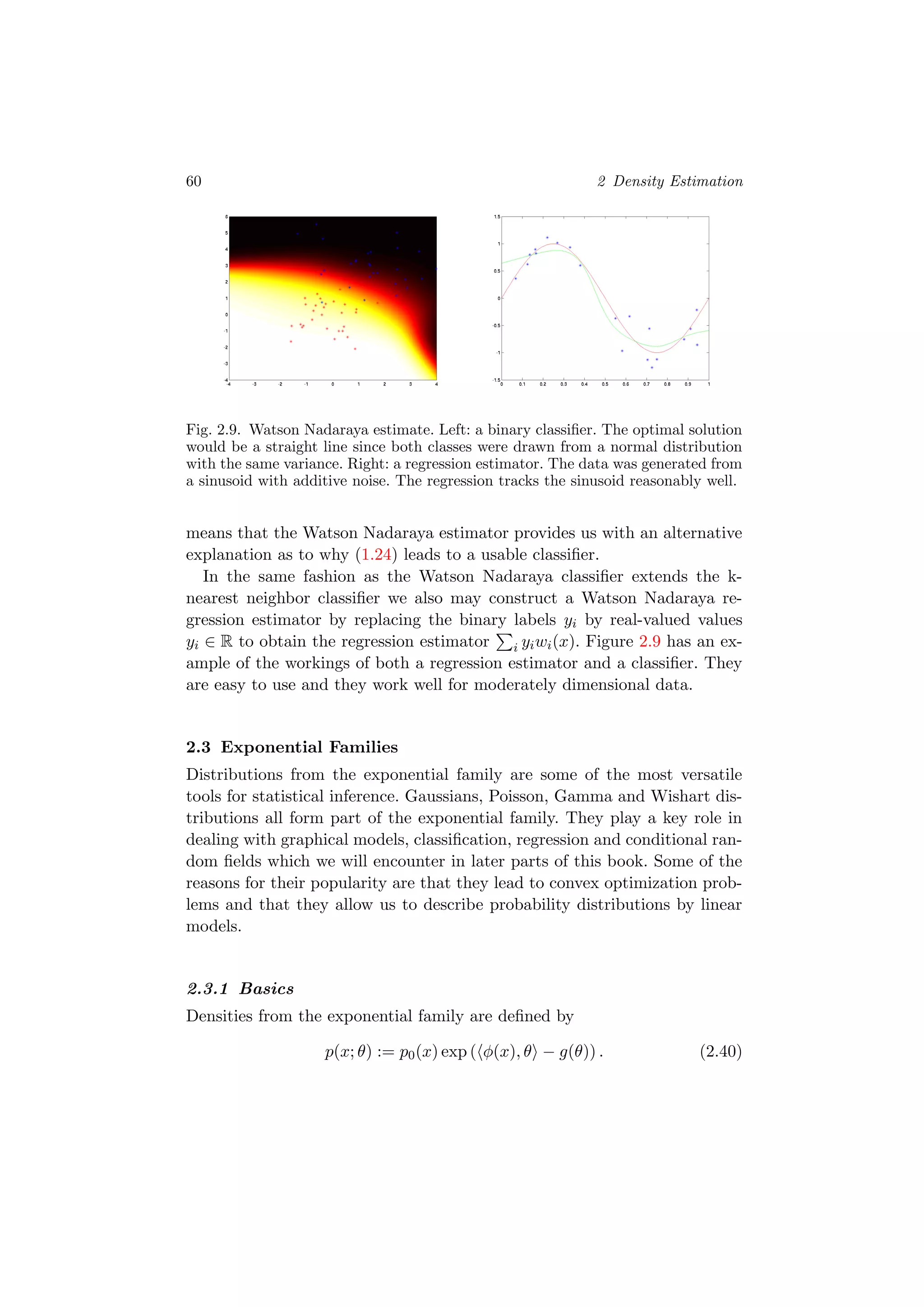 60 2 Density Estimation
Fig. 2.9. Watson Nadaraya estimate. Left: a binary classiﬁer. The optimal solution
would be a straight line since both classes were drawn from a normal distribution
with the same variance. Right: a regression estimator. The data was generated from
a sinusoid with additive noise. The regression tracks the sinusoid reasonably well.
means that the Watson Nadaraya estimator provides us with an alternative
explanation as to why (1.24) leads to a usable classiﬁer.
In the same fashion as the Watson Nadaraya classiﬁer extends the k-
nearest neighbor classiﬁer we also may construct a Watson Nadaraya re-
gression estimator by replacing the binary labels yi by real-valued values
yi ∈ R to obtain the regression estimator i yiwi(x). Figure 2.9 has an ex-
ample of the workings of both a regression estimator and a classiﬁer. They
are easy to use and they work well for moderately dimensional data.
2.3 Exponential Families
Distributions from the exponential family are some of the most versatile
tools for statistical inference. Gaussians, Poisson, Gamma and Wishart dis-
tributions all form part of the exponential family. They play a key role in
dealing with graphical models, classiﬁcation, regression and conditional ran-
dom ﬁelds which we will encounter in later parts of this book. Some of the
reasons for their popularity are that they lead to convex optimization prob-
lems and that they allow us to describe probability distributions by linear
models.
2.3.1 Basics
Densities from the exponential family are deﬁned by
p(x; θ) := p0(x) exp ( φ(x), θ − g(θ)) . (2.40)
 