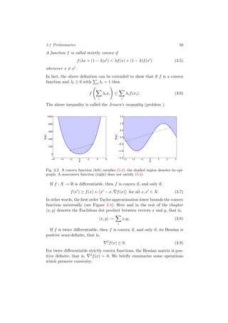 3.1 Preliminaries 93
A function f is called strictly convex if
f(λx + (1 − λ)x ) < λf(x) + (1 − λ)f(x ) (3.5)
whenever x = x .
In fact, the above deﬁnition can be extended to show that if f is a convex
function and λi ≥ 0 with i λi = 1 then
f
i
λixi ≤
i
λif(xi). (3.6)
The above inequality is called the Jensen’s inequality (problem ).
6 4 2 0 2 4 6
x
0
200
400
600
800
1000
f(x)
3 2 1 0 1 2 3
x
1.5
1.0
0.5
0.0
0.5
1.0
1.5f(x)
Fig. 3.2. A convex function (left) satisﬁes (3.4); the shaded region denotes its epi-
graph. A nonconvex function (right) does not satisfy (3.4).
If f : X → R is diﬀerentiable, then f is convex if, and only if,
f(x ) ≥ f(x) + x − x, f(x) for all x, x ∈ X. (3.7)
In other words, the ﬁrst order Taylor approximation lower bounds the convex
function universally (see Figure 3.4). Here and in the rest of the chapter
x, y denotes the Euclidean dot product between vectors x and y, that is,
x, y :=
i
xiyi. (3.8)
If f is twice diﬀerentiable, then f is convex if, and only if, its Hessian is
positive semi-deﬁnite, that is,
2
f(x) 0. (3.9)
For twice diﬀerentiable strictly convex functions, the Hessian matrix is pos-
itive deﬁnite, that is, 2f(x) 0. We brieﬂy summarize some operations
which preserve convexity:
 