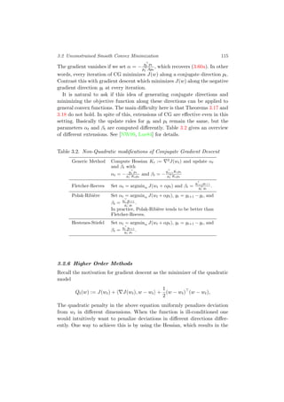 3.2 Unconstrained Smooth Convex Minimization 115
The gradient vanishes if we set α = −
gt pt
pt Apt
, which recovers (3.60a). In other
words, every iteration of CG minimizes J(w) along a conjugate direction pt.
Contrast this with gradient descent which minimizes J(w) along the negative
gradient direction gt at every iteration.
It is natural to ask if this idea of generating conjugate directions and
minimizing the objective function along these directions can be applied to
general convex functions. The main diﬃculty here is that Theorems 3.17 and
3.18 do not hold. In spite of this, extensions of CG are eﬀective even in this
setting. Basically the update rules for gt and pt remain the same, but the
parameters αt and βt are computed diﬀerently. Table 3.2 gives an overview
of diﬀerent extensions. See [NW99, Lue84] for details.
Table 3.2. Non-Quadratic modiﬁcations of Conjugate Gradient Descent
Generic Method Compute Hessian Kt := 2
J(wt) and update αt
and βt with
αt = −
gt pt
pt Ktpt
and βt = −
gt+1Ktpt
pt Ktpt
Fletcher-Reeves Set αt = argminα J(wt + αpt) and βt =
gt+1gt+1
gt gt
.
Polak-Ribi`ere Set αt = argminα J(wt + αpt), yt = gt+1 − gt, and
βt =
yt gt+1
gt gt
.
In practice, Polak-Ribi`ere tends to be better than
Fletcher-Reeves.
Hestenes-Stiefel Set αt = argminα J(wt + αpt), yt = gt+1 − gt, and
βt =
yt gt+1
yt pt
.
3.2.6 Higher Order Methods
Recall the motivation for gradient descent as the minimizer of the quadratic
model
Qt(w) := J(wt) + J(wt), w − wt +
1
2
(w − wt) (w − wt),
The quadratic penalty in the above equation uniformly penalizes deviation
from wt in diﬀerent dimensions. When the function is ill-conditioned one
would intuitively want to penalize deviations in diﬀerent directions diﬀer-
ently. One way to achieve this is by using the Hessian, which results in the
 