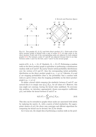 160 6 Kernels and Function Spaces
G1
1
2
3
G2
1’ 2’
3’4’
G×
11’ 21’ 31’
34’ 12’
24’ 22’
14’ 32’
33’ 23’ 13’
Fig. 6.1. Two graphs (G1 & G2) and their direct product (G×). Each node of the
direct product graph is labeled with a pair of nodes (6.7); an edge exists in the
direct product if and only if the corresponding nodes are adjacent in both original
graphs (6.8). For instance, nodes 11 and 32 are adjacent because there is an edge
between nodes 1 and 3 in the ﬁrst, and 1 and 2 in the second graph.
matrix of G× is A× = A⊗A . Similarly, ˜A× = ˜A⊗ ˜A . Performing a random
walk on the direct product graph is equivalent to performing a simultaneous
random walk on G and G . If p and p denote initial probability distributions
over the vertices of G and G , then the corresponding initial probability
distribution on the direct product graph is p× := p ⊗ p . Likewise, if q and
q are stopping probabilities (that is, the probability that a random walk
ends at a given vertex), then the stopping probability on the direct product
graph is q× := q ⊗ q .
To deﬁne a kernel which computes the similarity between G and G , one
natural idea is to simply sum up q×
˜At
×p× for all values of t. However, this
sum might not converge, leaving the kernel value undeﬁned. To overcome
this problem, we introduce appropriately chosen non-negative coeﬃcients
µ(t), and deﬁne the kernel between G and G as
k(G, G ) :=
∞
t=0
µ(t) q×
˜At
×p×. (6.9)
This idea can be extended to graphs whose nodes are associated with labels
by replacing the matrix ˜A× with a matrix of label similarities. For appro-
priate choices of µ(t) the above sum converges and eﬃcient algorithms for
computing the kernel can be devised. See [?] for details.
As it turns out, the simple idea of performing a random walk on the prod-
 