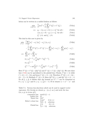 7.3 Support Vector Regression 185
lation can be written in a uniﬁed fashion as follows
min
w,b,ξ+,ξ−
1
2
w 2
+
C
m
m
i=1
l+
(ξ+
i ) + l−
(ξ−
i ) (7.61a)
s.t. yi − ( w, xi + b) ≤ + ξ+
i for all i (7.61b)
( w, xi + b) − yi ≤ + ξ−
i for all i (7.61c)
ξ+
i ≥ 0, and ξ−
i ≥ 0. (7.61d)
The dual in this case is given by
min
α+,α−
1
2
i,j
(α+
i − α−
i )(α+
j − α−
j ) xi, xj (7.62a)
−
C
m
m
i=1
T+
(ξ+
) + T−
(ξ−
) +
m
i=1
(α+
i + α−
i ) −
m
i=1
yi(α+
i − α−
i )
s.t.
m
i=1
α+
i =
m
i=1
α−
i (7.62b)
0 ≤ α
{+,−}
i ≤
C
m
∂ξl{+,−}
(ξ
{+,−}
i ) (7.62c)
0 ≤ ξ
{+,−}
i (7.62d)
ξ
{+,−}
i = inf ξ{+,−}
|
C
m
∂ξl{+,−}
≥ α
{+,−}
i . (7.62e)
Here T+(ξ) = l+(ξ) − ξ∂ξl+(ξ) and T−(ξ) = l−(ξ) − ξ∂ξl−(ξ). We now show
how (7.62) can be specialized to the pinball loss. Clearly, l+(ξ) = τξ while
l−(−ξ) = (τ −1)ξ, and hence l−(ξ) = (1−τ)ξ. Therefore, T+(ξ) = (τ −1)ξ−
ξ(τ − 1) = 0. Similarly T−(ξ) = 0. Since ∂ξl+(ξ) = τ and ∂ξl−(ξ) = (1 − τ)
for all ξ ≥ 0, it follows that the bounds on α{+,−} can be computed as
0 ≤ α+
i ≤ C
m τ and 0 ≤ α−
i ≤ C
m (1 − τ). If we denote α = α+ − α− and
Table 7.1. Various loss functions which can be used in support vector
regression. For brevity we denote y − w, x as ξ and write the loss
l(w, x, y) in terms of ξ.
-insensitive loss max(0, |ξ| − )
Laplace loss |ξ|
Square loss 1
2 |ξ|2
Huber’s robust loss
1
2σ ξ2
if |ξ| ≤ σ
|ξ| − σ
2 otherwise
Pinball loss
τξ if ξ ≥ 0
(τ − 1)ξ otherwise.
 