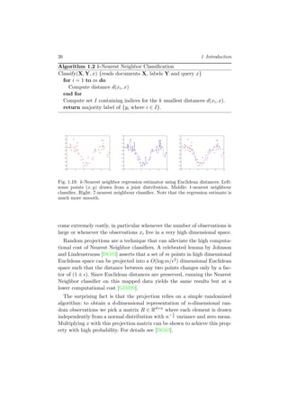 26 1 Introduction
Algorithm 1.2 k-Nearest Neighbor Classiﬁcation
Classify(X, Y, x) {reads documents X, labels Y and query x}
for i = 1 to m do
Compute distance d(xi, x)
end for
Compute set I containing indices for the k smallest distances d(xi, x).
return majority label of {yi where i ∈ I}.
Fig. 1.19. k-Nearest neighbor regression estimator using Euclidean distances. Left:
some points (x, y) drawn from a joint distribution. Middle: 1-nearest neighbour
classiﬁer. Right: 7-nearest neighbour classiﬁer. Note that the regression estimate is
much more smooth.
come extremely costly, in particular whenever the number of observations is
large or whenever the observations xi live in a very high dimensional space.
Random projections are a technique that can alleviate the high computa-
tional cost of Nearest Neighbor classiﬁers. A celebrated lemma by Johnson
and Lindenstrauss [DG03] asserts that a set of m points in high dimensional
Euclidean space can be projected into a O(log m/ 2) dimensional Euclidean
space such that the distance between any two points changes only by a fac-
tor of (1 ± ). Since Euclidean distances are preserved, running the Nearest
Neighbor classiﬁer on this mapped data yields the same results but at a
lower computational cost [GIM99].
The surprising fact is that the projection relies on a simple randomized
algorithm: to obtain a d-dimensional representation of n-dimensional ran-
dom observations we pick a matrix R ∈ Rd×n
where each element is drawn
independently from a normal distribution with n−1
2 variance and zero mean.
Multiplying x with this projection matrix can be shown to achieve this prop-
erty with high probability. For details see [DG03].
 