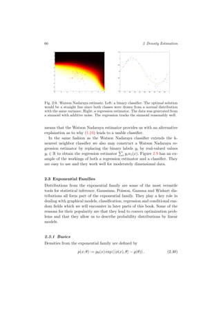 60 2 Density Estimation
Fig. 2.9. Watson Nadaraya estimate. Left: a binary classiﬁer. The optimal solution
would be a straight line since both classes were drawn from a normal distribution
with the same variance. Right: a regression estimator. The data was generated from
a sinusoid with additive noise. The regression tracks the sinusoid reasonably well.
means that the Watson Nadaraya estimator provides us with an alternative
explanation as to why (1.24) leads to a usable classiﬁer.
In the same fashion as the Watson Nadaraya classiﬁer extends the k-
nearest neighbor classiﬁer we also may construct a Watson Nadaraya re-
gression estimator by replacing the binary labels yi by real-valued values
yi ∈ R to obtain the regression estimator i yiwi(x). Figure 2.9 has an ex-
ample of the workings of both a regression estimator and a classiﬁer. They
are easy to use and they work well for moderately dimensional data.
2.3 Exponential Families
Distributions from the exponential family are some of the most versatile
tools for statistical inference. Gaussians, Poisson, Gamma and Wishart dis-
tributions all form part of the exponential family. They play a key role in
dealing with graphical models, classiﬁcation, regression and conditional ran-
dom ﬁelds which we will encounter in later parts of this book. Some of the
reasons for their popularity are that they lead to convex optimization prob-
lems and that they allow us to describe probability distributions by linear
models.
2.3.1 Basics
Densities from the exponential family are deﬁned by
p(x; θ) := p0(x) exp ( φ(x), θ − g(θ)) . (2.40)
 