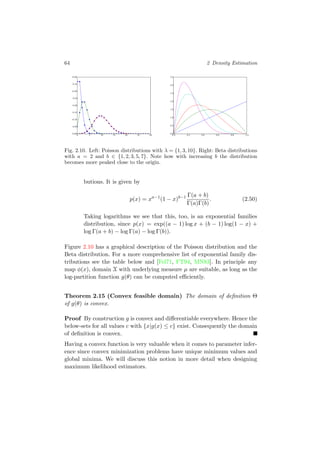 64 2 Density Estimation
0 5 10 15 20 25 30
0.00
0.05
0.10
0.15
0.20
0.25
0.30
0.35
0.40
0.0 0.2 0.4 0.6 0.8 1.0
0.0
0.5
1.0
1.5
2.0
2.5
3.0
3.5
Fig. 2.10. Left: Poisson distributions with λ = {1, 3, 10}. Right: Beta distributions
with a = 2 and b ∈ {1, 2, 3, 5, 7}. Note how with increasing b the distribution
becomes more peaked close to the origin.
butions. It is given by
p(x) = xa−1
(1 − x)b−1 Γ(a + b)
Γ(a)Γ(b)
. (2.50)
Taking logarithms we see that this, too, is an exponential families
distribution, since p(x) = exp((a − 1) log x + (b − 1) log(1 − x) +
log Γ(a + b) − log Γ(a) − log Γ(b)).
Figure 2.10 has a graphical description of the Poisson distribution and the
Beta distribution. For a more comprehensive list of exponential family dis-
tributions see the table below and [Fel71, FT94, MN83]. In principle any
map φ(x), domain X with underlying measure µ are suitable, as long as the
log-partition function g(θ) can be computed eﬃciently.
Theorem 2.15 (Convex feasible domain) The domain of deﬁnition Θ
of g(θ) is convex.
Proof By construction g is convex and diﬀerentiable everywhere. Hence the
below-sets for all values c with {x|g(x) ≤ c} exist. Consequently the domain
of deﬁnition is convex.
Having a convex function is very valuable when it comes to parameter infer-
ence since convex minimization problems have unique minimum values and
global minima. We will discuss this notion in more detail when designing
maximum likelihood estimators.
 