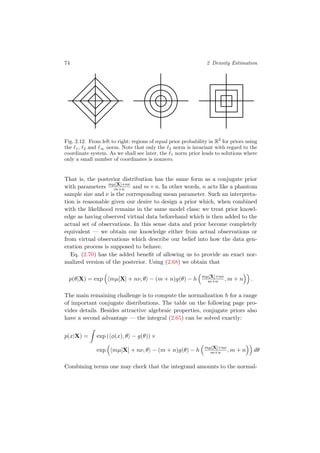74 2 Density Estimation
Fig. 2.12. From left to right: regions of equal prior probability in R2
for priors using
the 1, 2 and ∞ norm. Note that only the 2 norm is invariant with regard to the
coordinate system. As we shall see later, the 1 norm prior leads to solutions where
only a small number of coordinates is nonzero.
That is, the posterior distribution has the same form as a conjugate prior
with parameters mµ[X]+nν
m+n and m+n. In other words, n acts like a phantom
sample size and ν is the corresponding mean parameter. Such an interpreta-
tion is reasonable given our desire to design a prior which, when combined
with the likelihood remains in the same model class: we treat prior knowl-
edge as having observed virtual data beforehand which is then added to the
actual set of observations. In this sense data and prior become completely
equivalent — we obtain our knowledge either from actual observations or
from virtual observations which describe our belief into how the data gen-
eration process is supposed to behave.
Eq. (2.70) has the added beneﬁt of allowing us to provide an exact nor-
malized version of the posterior. Using (2.68) we obtain that
p(θ|X) = exp mµ[X] + nν, θ − (m + n)g(θ) − h mµ[X]+nν
m+n , m + n .
The main remaining challenge is to compute the normalization h for a range
of important conjugate distributions. The table on the following page pro-
vides details. Besides attractive algebraic properties, conjugate priors also
have a second advantage — the integral (2.65) can be solved exactly:
p(x|X) = exp ( φ(x), θ − g(θ)) ×
exp mµ[X] + nν, θ − (m + n)g(θ) − h mµ[X]+nν
m+n , m + n dθ
Combining terms one may check that the integrand amounts to the normal-
 