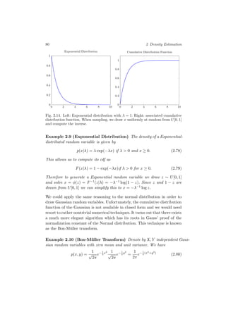 80 2 Density Estimation
0 2 4 6 8 10
0
0.2
0.4
0.6
0.8
1
Exponential Distribution
0 2 4 6 8 10
0
0.2
0.4
0.6
0.8
1
Cumulative Distribution Function
Fig. 2.14. Left: Exponential distribution with λ = 1. Right: associated cumulative
distribution function. When sampling, we draw x uniformly at random from U[0, 1]
and compute the inverse.
Example 2.9 (Exponential Distribution) The density of a Exponential-
distributed random variable is given by
p(x|λ) = λ exp(−λx) if λ > 0 and x ≥ 0. (2.78)
This allows us to compute its cdf as
F(x|λ) = 1 − exp(−λx)if λ > 0 for x ≥ 0. (2.79)
Therefore to generate a Exponential random variable we draw z ∼ U[0, 1]
and solve x = φ(z) = F−1(z|λ) = −λ−1 log(1 − z). Since z and 1 − z are
drawn from U[0, 1] we can simplify this to x = −λ−1 log z.
We could apply the same reasoning to the normal distribution in order to
draw Gaussian random variables. Unfortunately, the cumulative distribution
function of the Gaussian is not available in closed form and we would need
resort to rather nontrivial numerical techniques. It turns out that there exists
a much more elegant algorithm which has its roots in Gauss’ proof of the
normalization constant of the Normal distribution. This technique is known
as the Box-M¨uller transform.
Example 2.10 (Box-M¨uller Transform) Denote by X, Y independent Gaus-
sian random variables with zero mean and unit variance. We have
p(x, y) =
1
√
2π
e−1
2
x2 1
√
2π
e−1
2
y2
=
1
2π
e−1
2
(x2+y2)
(2.80)
 