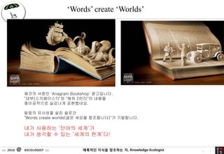 Words create Worlds




                ??? ??? 'Anagram Bookshop' ?????.
                "??(??????)"? "?? 2??"? ???
                ?????? ???? ?????.

                ??? ???? ?? ???
                "Words create worlds(?? ??? ?????)"? ?????.

                ?? ???? ??? ???
                ?? ??? ? ?? ??? ???!

:::: 2010   @   KECOLOGIST ::::       ???? ??? 41
                                               ???? ?, Knowledge Ecologist   4   1
 