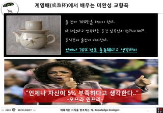 ???(ӯ)?? ??? ??? ???


                                     ? ?? 70%?? ??? ??.
                                     ? ???? ???? ?? ???? ??? ??
                                     ???? ??? ????.

                                     ??? 70% ?? ????? ????




                      ??? ??? 5% ????? ????..
                                       -??? ???-
:::: 2010   @   KECOLOGIST ::::    ???? ??? 47
                                            ???? ?, Knowledge Ecologist   4   7
 