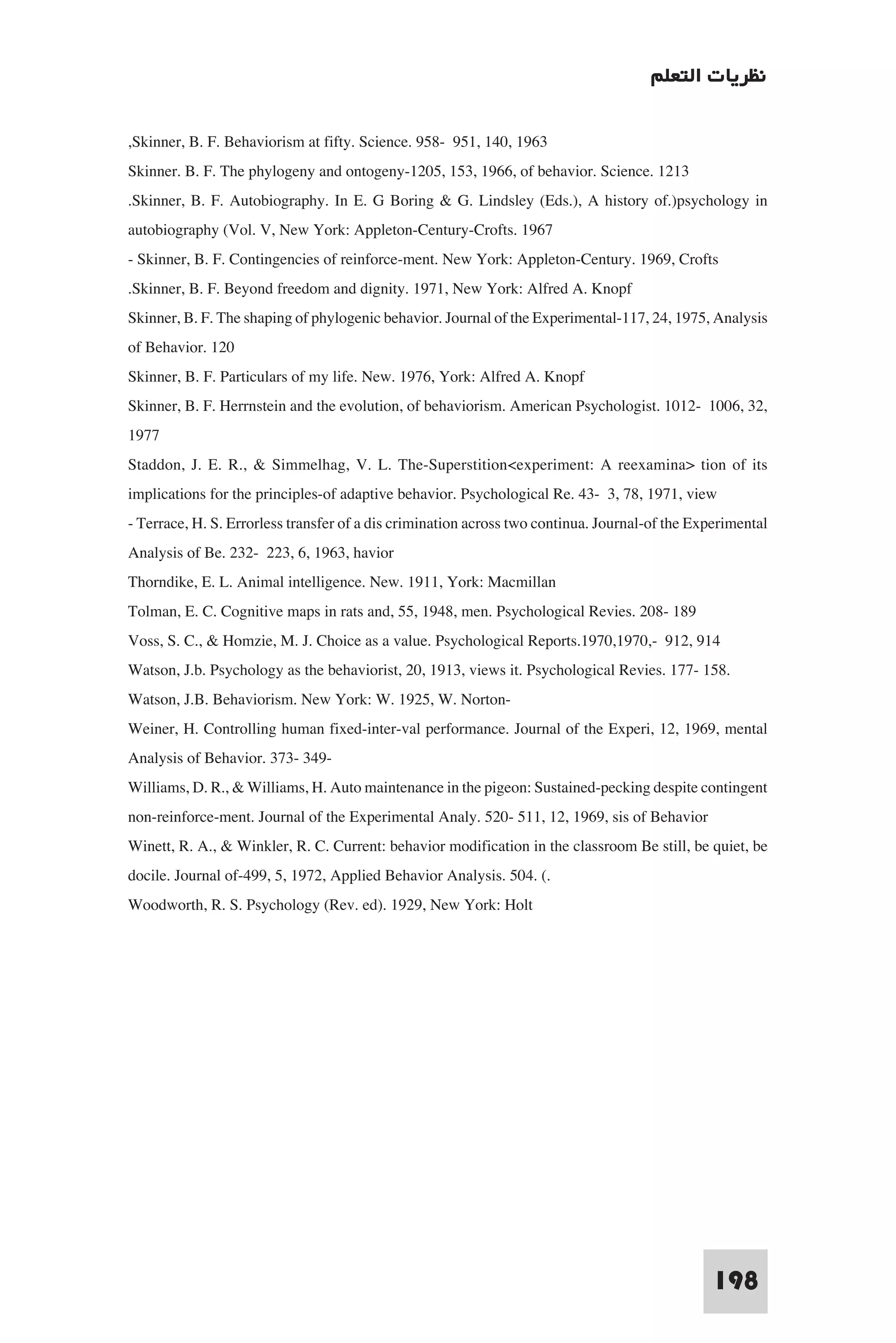 ‫ﻧﻈﺮﻳﺎت اﻟﺘﻌﻠﻢ‬

,Skinner, B. F. Behaviorism at fifty. Science. 958- 951, 140, 1963
Skinner. B. F. The phylogeny and ontogeny-1205, 153, 1966, of behavior. Science. 1213
.Skinner, B. F. Autobiography. In E. G Boring & G. Lindsley (Eds.), A history of.)psychology in
autobiography (Vol. V, New York: Appleton-Century-Crofts. 1967
- Skinner, B. F. Contingencies of reinforce-ment. New York: Appleton-Century. 1969, Crofts
.Skinner, B. F. Beyond freedom and dignity. 1971, New York: Alfred A. Knopf
Skinner, B. F. The shaping of phylogenic behavior. Journal of the Experimental-117, 24, 1975, Analysis
of Behavior. 120
Skinner, B. F. Particulars of my life. New. 1976, York: Alfred A. Knopf
Skinner, B. F. Herrnstein and the evolution, of behaviorism. American Psychologist. 1012- 1006, 32,
1977
Staddon, J. E. R., & Simmelhag, V. L. The-Superstition<experiment: A reexamina> tion of its
implications for the principles-of adaptive behavior. Psychological Re. 43- 3, 78, 1971, view
- Terrace, H. S. Errorless transfer of a dis crimination across two continua. Journal-of the Experimental
Analysis of Be. 232- 223, 6, 1963, havior
Thorndike, E. L. Animal intelligence. New. 1911, York: Macmillan
Tolman, E. C. Cognitive maps in rats and, 55, 1948, men. Psychological Revies. 208- 189
Voss, S. C., & Homzie, M. J. Choice as a value. Psychological Reports.1970,1970,- 912, 914
Watson, J.b. Psychology as the behaviorist, 20, 1913, views it. Psychological Revies. 177- 158.
Watson, J.B. Behaviorism. New York: W. 1925, W. Norton-
Weiner, H. Controlling human fixed-inter-val performance. Journal of the Experi, 12, 1969, mental
Analysis of Behavior. 373- 349-
Williams, D. R., & Williams, H. Auto maintenance in the pigeon: Sustained-pecking despite contingent
non-reinforce-ment. Journal of the Experimental Analy. 520- 511, 12, 1969, sis of Behavior
Winett, R. A., & Winkler, R. C. Current: behavior modification in the classroom Be still, be quiet, be
docile. Journal of-499, 5, 1972, Applied Behavior Analysis. 504. (.
Woodworth, R. S. Psychology (Rev. ed). 1929, New York: Holt




                                                                                               198
 