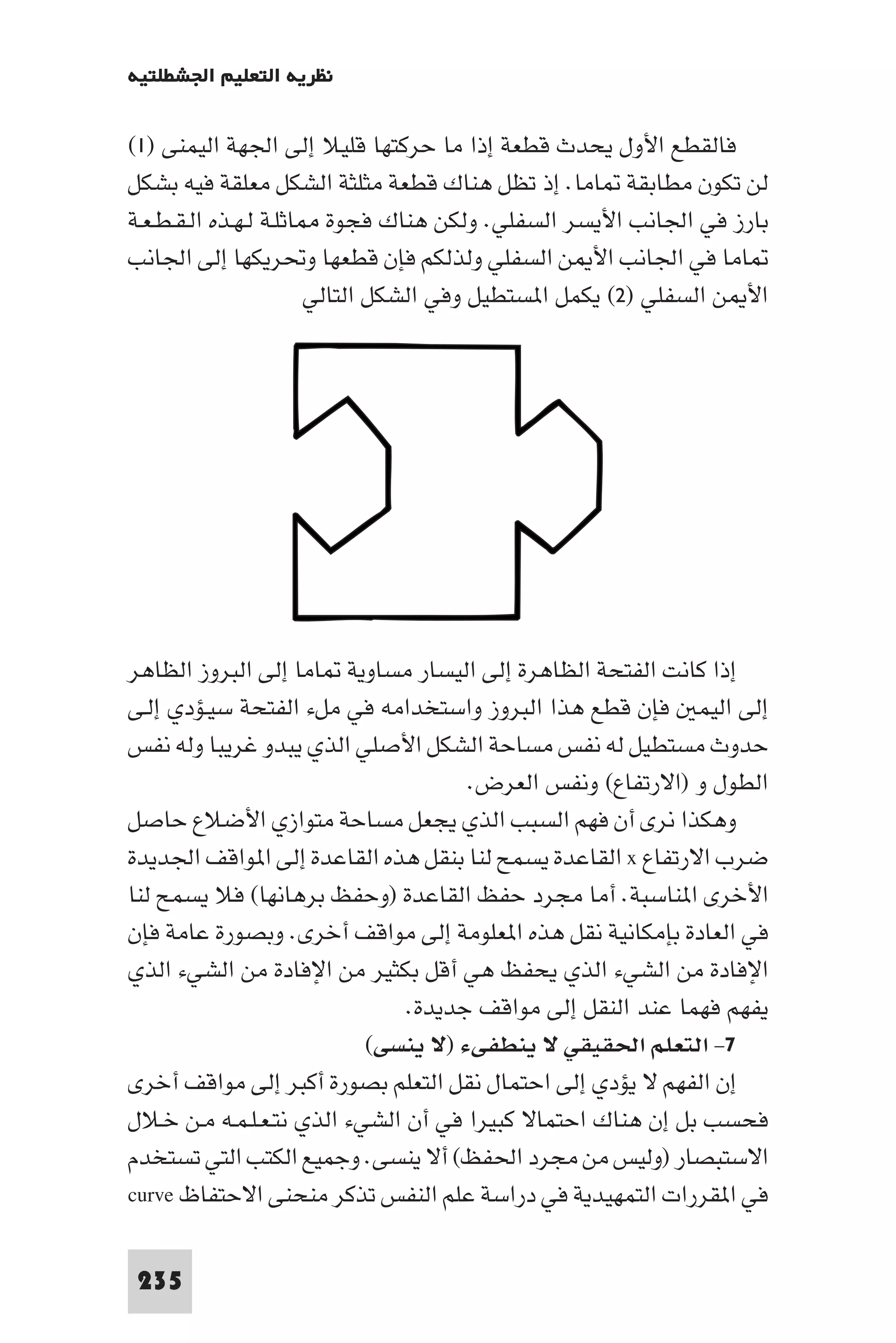 ‫ﻧﻈﺮﻳﺔ اﻟﺘﻌﻠﻴﻢ اﳉﺸﻄﻠﺘﻴﺔ‬

‫ﻓﺎﻟﻘﻄﻊ اﻷول ﻳﺤﺪث ﻗﻄﻌﺔ إذا ﻣﺎ ﺣﺮﻛﺘﻬﺎ ﻗﻠﻴﻼ إﻟﻰ اﳉﻬﺔ اﻟﻴﻤﻨﻰ )١(‬
‫ﻟﻦ ﺗﻜﻮن ﻣﻄﺎﺑﻘﺔ ﺎﻣﺎ. إذ ﺗﻈﻞ ﻫﻨﺎك ﻗﻄﻌﺔ ﻣﺜﻠﺜﺔ اﻟﺸﻜﻞ ﻣﻌﻠﻘﺔ ﻓﻴﻪ ﺑﺸﻜﻞ‬
‫ﺑﺎرز ﻓﻲ اﳉﺎﻧﺐ اﻷﻳﺴﺮ اﻟﺴﻔﻠﻲ. وﻟﻜﻦ ﻫﻨﺎك ﻓﺠﻮة ﺎﺛﻠـﺔ ﻟـﻬـﺬه اﻟـﻘـﻄـﻌـﺔ‬
‫ﺎﻣﺎ ﻓﻲ اﳉﺎﻧﺐ اﻷ ﻦ اﻟﺴﻔﻠﻲ وﻟﺬﻟﻜﻢ ﻓﺈن ﻗﻄﻌﻬﺎ وﲢﺮﻳﻜﻬﺎ إﻟﻰ اﳉﺎﻧﺐ‬
                       ‫اﻷ ﻦ اﻟﺴﻔﻠﻲ )٢( ﻳﻜﻤﻞ ا ﺴﺘﻄﻴﻞ وﻓﻲ اﻟﺸﻜﻞ اﻟﺘﺎﻟﻲ‬




‫إذا ﻛﺎﻧﺖ اﻟﻔﺘﺤﺔ اﻟﻈﺎﻫﺮة إﻟﻰ اﻟﻴﺴﺎر ﻣﺴﺎوﻳﺔ ﺎﻣﺎ إﻟﻰ اﻟﺒﺮوز اﻟﻈﺎﻫﺮ‬
‫إﻟﻰ اﻟﻴﻤ ﻓﺈن ﻗﻄﻊ ﻫﺬا اﻟﺒﺮوز واﺳﺘﺨﺪاﻣﻪ ﻓﻲ ﻣﻞء اﻟﻔﺘﺤﺔ ﺳﻴـﺆدي إﻟـﻰ‬
‫ﺣﺪوث ﻣﺴﺘﻄﻴﻞ ﻟﻪ ﻧﻔﺲ ﻣﺴﺎﺣﺔ اﻟﺸﻜﻞ اﻷﺻﻠﻲ اﻟﺬي ﻳﺒﺪو ﻏﺮﻳﺒﺎ وﻟﻪ ﻧﻔﺲ‬
                                     ‫اﻟﻄﻮل و )اﻻرﺗﻔﺎع( وﻧﻔﺲ اﻟﻌﺮض.‬
‫وﻫﻜﺬا ﻧﺮى أن ﻓﻬﻢ اﻟﺴﺒﺐ اﻟﺬي ﻳﺠﻌﻞ ﻣﺴﺎﺣﺔ ﻣﺘﻮازي اﻷﺿﻼع ﺣﺎﺻﻞ‬
‫ﺿﺮب اﻻرﺗﻔﺎع ‪ x‬اﻟﻘﺎﻋﺪة ﻳﺴﻤﺢ ﻟﻨﺎ ﺑﻨﻘﻞ ﻫﺬه اﻟﻘﺎﻋﺪة إﻟﻰ ا ﻮاﻗﻒ اﳉﺪﻳﺪة‬
‫اﻷﺧﺮى ا ﻨﺎﺳﺒﺔ. أﻣﺎ ﻣﺠﺮد ﺣﻔﻆ اﻟﻘﺎﻋﺪة )وﺣﻔﻆ ﺑﺮﻫﺎﻧﻬﺎ( ﻓﻼ ﻳﺴﻤﺢ ﻟﻨﺎ‬
‫ﻓﻲ اﻟﻌﺎدة ﺑﺈﻣﻜﺎﻧﻴﺔ ﻧﻘﻞ ﻫﺬه ا ﻌﻠﻮﻣﺔ إﻟﻰ ﻣﻮاﻗﻒ أﺧﺮى. وﺑﺼﻮرة ﻋﺎﻣﺔ ﻓﺈن‬
‫اﻹﻓﺎدة ﻣﻦ اﻟﺸﻲء اﻟﺬي ﻳﺤﻔﻆ ﻫﻲ أﻗﻞ ﺑﻜﺜﻴﺮ ﻣﻦ اﻹﻓﺎدة ﻣﻦ اﻟﺸﻲء اﻟﺬي‬
                               ‫ﻳﻔﻬﻢ ﻓﻬﻤﺎ ﻋﻨﺪ اﻟﻨﻘﻞ إﻟﻰ ﻣﻮاﻗﻒ ﺟﺪﻳﺪة.‬
                           ‫٧- اﻟﺘﻌﻠﻢ اﳊﻘﻴﻘﻲ ﻻ ﻳﻨﻄﻔﻰء )ﻻ ﻳﻨﺴﻰ(‬
‫إن اﻟﻔﻬﻢ ﻻ ﻳﺆدي إﻟﻰ اﺣﺘﻤﺎل ﻧﻘﻞ اﻟﺘﻌﻠﻢ ﺑﺼﻮرة أﻛﺒﺮ إﻟﻰ ﻣﻮاﻗﻒ أﺧﺮى‬
‫ﻓﺤﺴﺐ ﺑﻞ إن ﻫﻨﺎك اﺣﺘﻤﺎﻻ ﻛﺒﻴﺮا ﻓﻲ أن اﻟﺸﻲء اﻟﺬي ﻧﺘـﻌـﻠـﻤـﻪ ﻣـﻦ ﺧـﻼل‬
‫اﻻﺳﺘﺒﺼﺎر )وﻟﻴﺲ ﻣﻦ ﻣﺠﺮد اﳊﻔﻆ( أﻻ ﻳﻨﺴﻰ. وﺟﻤﻴﻊ اﻟﻜﺘﺐ اﻟﺘﻲ ﺗﺴﺘﺨﺪم‬
‫ﻓﻲ ا ﻘﺮرات اﻟﺘﻤﻬﻴﺪﻳﺔ ﻓﻲ دراﺳﺔ ﻋﻠﻢ اﻟﻨﻔﺲ ﺗﺬﻛﺮ ﻣﻨﺤﻨﻰ اﻻﺣﺘﻔﺎظ ‪curve‬‬

‫532‬
 