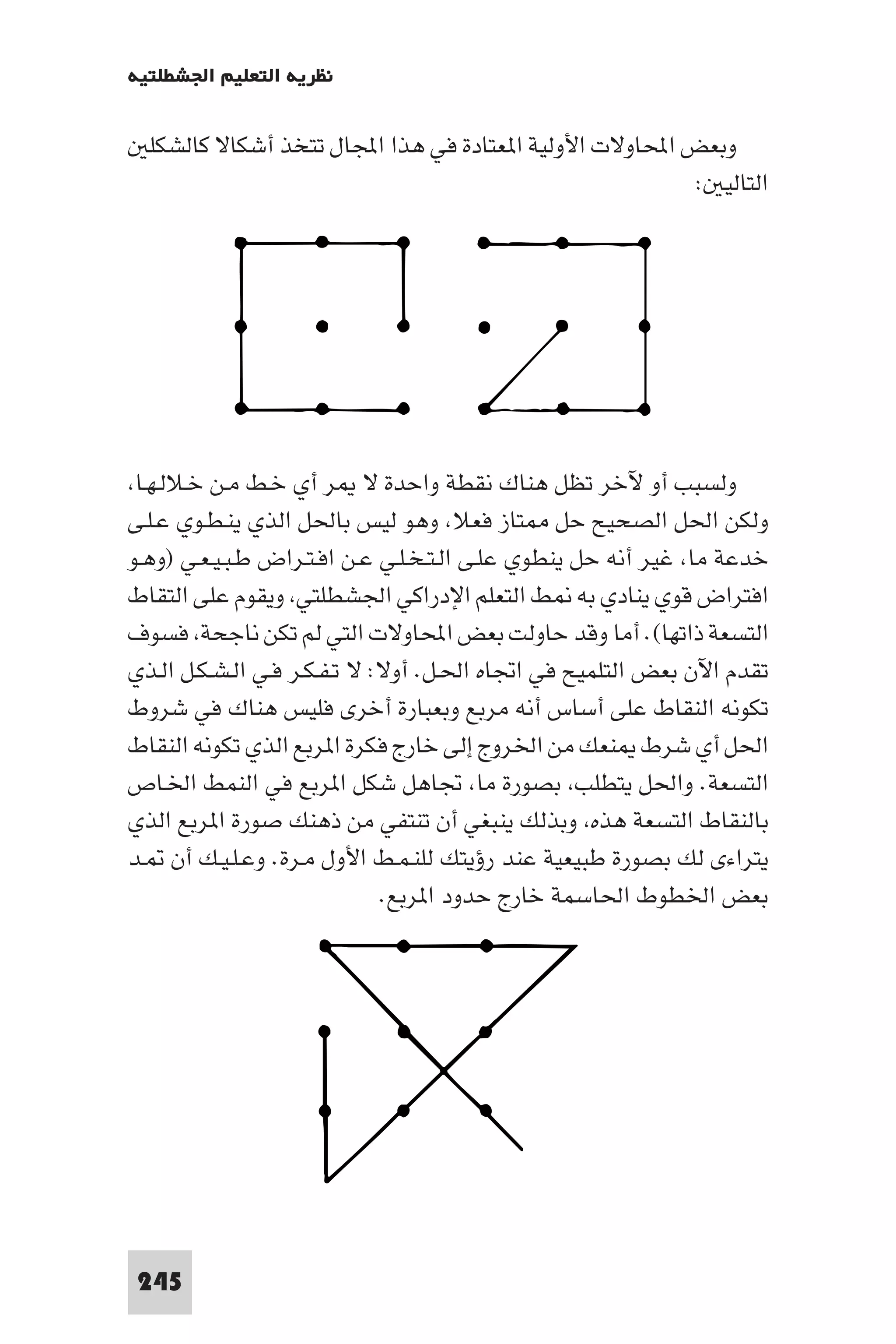 ‫ﻧﻈﺮﻳﺔ اﻟﺘﻌﻠﻴﻢ اﳉﺸﻄﻠﺘﻴﺔ‬

  ‫وﺑﻌﺾ اﶈﺎوﻻت اﻷوﻟﻴﺔ ا ﻌﺘﺎدة ﻓﻲ ﻫﺬا اﺠﻤﻟﺎل ﺗﺘﺨﺬ أﺷﻜﺎﻻ ﻛﺎﻟﺸﻜﻠ‬
                                                         ‫اﻟﺘﺎﻟﻴ :‬




 ‫وﻟﺴﺒﺐ أو ﻵﺧﺮ ﺗﻈﻞ ﻫﻨﺎك ﻧﻘﻄﺔ واﺣﺪة ﻻ ﺮ أي ﺧـﻂ ﻣـﻦ ﺧـﻼﻟـﻬـﺎ‬
‫وﻟﻜﻦ اﳊﻞ اﻟﺼﺤﻴﺢ ﺣﻞ ﺘﺎز ﻓﻌﻼ وﻫﻮ ﻟﻴﺲ ﺑﺎﳊﻞ اﻟﺬي ﻳﻨـﻄـﻮي ﻋـﻠـﻰ‬
‫ﺧﺪﻋﺔ ﻣﺎ ﻏﻴﺮ أﻧﻪ ﺣﻞ ﻳﻨﻄﻮي ﻋﻠـﻰ اﻟـﺘـﺨـﻠـﻲ ﻋـﻦ اﻓـﺘـﺮاض ﻃـﺒـﻴـﻌـﻲ )وﻫـﻮ‬
‫اﻓﺘﺮاض ﻗﻮي ﻳﻨﺎدي ﺑﻪ ﻂ اﻟﺘﻌﻠﻢ اﻹدراﻛﻲ اﳉﺸﻄﻠﺘﻲ وﻳﻘﻮم ﻋﻠﻰ اﻟﺘﻘﺎط‬
‫اﻟﺘﺴﻌﺔ ذاﺗﻬﺎ(. أﻣﺎ وﻗﺪ ﺣﺎوﻟﺖ ﺑﻌﺾ اﶈﺎوﻻت اﻟﺘﻲ ﻟﻢ ﺗﻜﻦ ﻧﺎﺟﺤﺔ ﻓﺴﻮف‬
‫ﺗﻘﺪم اﻵن ﺑﻌﺾ اﻟﺘﻠﻤﻴﺢ ﻓﻲ اﲡﺎه اﳊـﻞ. أوﻻ: ﻻ ﺗـﻔـﻜـﺮ ﻓـﻲ اﻟـﺸـﻜـﻞ اﻟـﺬي‬
‫ﺗﻜﻮﻧﻪ اﻟﻨﻘﺎط ﻋﻠﻰ أﺳﺎس أﻧﻪ ﻣﺮﺑﻊ وﺑﻌﺒﺎرة أﺧﺮى ﻓﻠﻴﺲ ﻫﻨﺎك ﻓﻲ ﺷﺮوط‬
‫اﳊﻞ أي ﺷﺮط ﻨﻌﻚ ﻣﻦ اﳋﺮوج إﻟﻰ ﺧﺎرج ﻓﻜﺮة ا ﺮﺑﻊ اﻟﺬي ﺗﻜﻮﻧﻪ اﻟﻨﻘﺎط‬
‫اﻟﺘﺴﻌﺔ. واﳊﻞ ﻳﺘﻄﻠﺐ ﺑﺼﻮرة ﻣﺎ ﲡﺎﻫﻞ ﺷﻜﻞ ا ﺮﺑﻊ ﻓﻲ اﻟﻨﻤﻂ اﳋـﺎص‬
‫ﺑﺎﻟﻨﻘﺎط اﻟﺘﺴﻌﺔ ﻫﺬه وﺑﺬﻟﻚ ﻳﻨﺒﻐﻲ أن ﺗﻨﺘﻔﻲ ﻣﻦ ذﻫﻨﻚ ﺻﻮرة ا ﺮﺑﻊ اﻟﺬي‬
‫ﻳﺘﺮاءى ﻟﻚ ﺑﺼﻮرة ﻃﺒﻴﻌﻴﺔ ﻋﻨﺪ رؤﻳﺘﻚ ﻟﻠﻨـﻤـﻂ اﻷول ﻣـﺮة. وﻋـﻠـﻴـﻚ أن ـﺪ‬
                              ‫ﺑﻌﺾ اﳋﻄﻮط اﳊﺎﺳﻤﺔ ﺧﺎرج ﺣﺪود ا ﺮﺑﻊ.‬




‫542‬
 