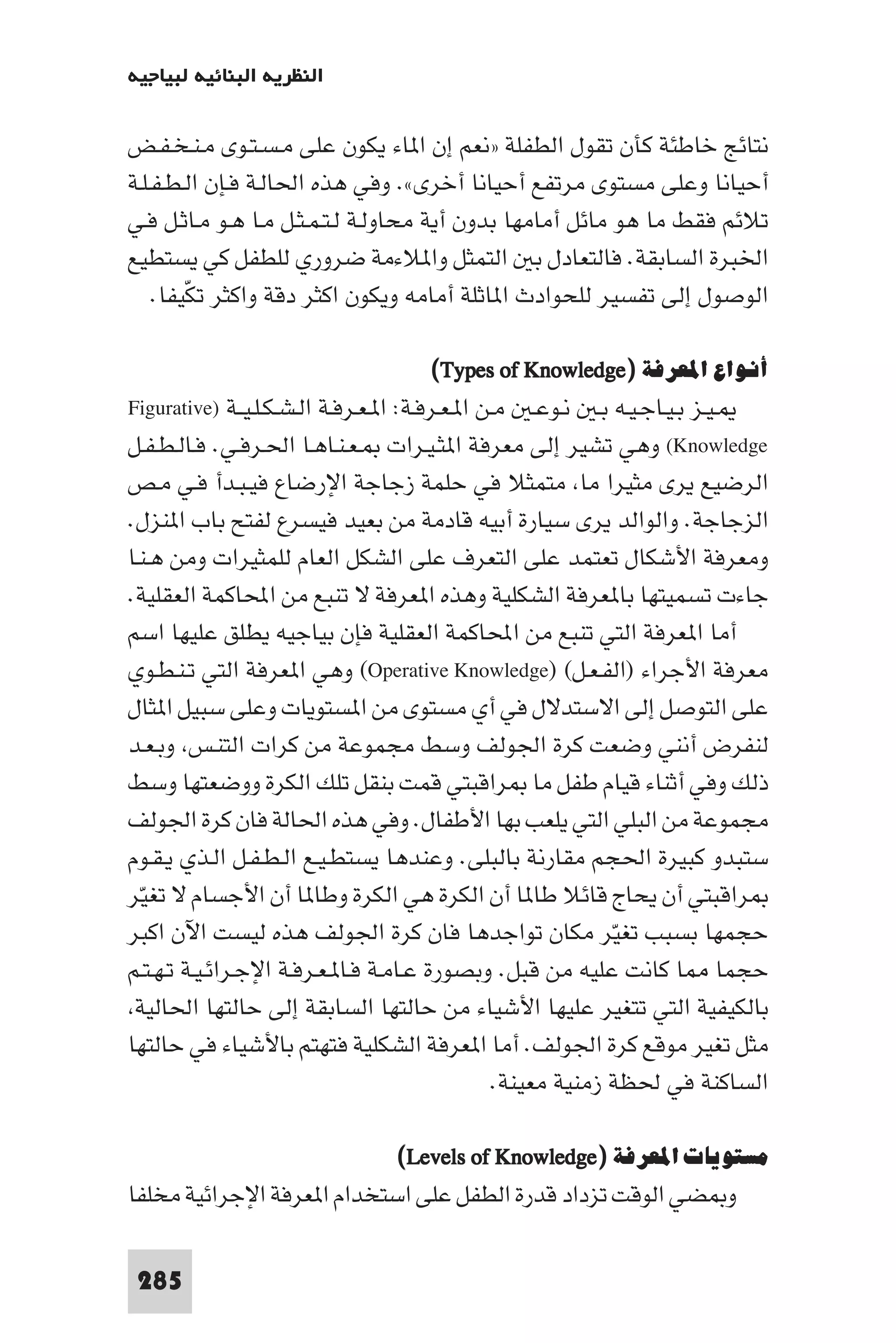 ‫اﻟﻨﻈﺮﻳﺔ اﻟﺒﻨﺎﺋﻴﺔ ﻟﺒﻴﺎﺟﻴﻪ‬

‫ﻧﺘﺎﺋﺞ ﺧﺎﻃﺌﺔ ﻛﺄن ﺗﻘﻮل اﻟﻄﻔﻠﺔ »ﻧﻌﻢ إن ا ﺎء ﻳﻜﻮن ﻋﻠﻰ ﻣـﺴـﺘـﻮى ﻣـﻨـﺨـﻔـﺾ‬
‫أﺣﻴﺎﻧﺎ وﻋﻠﻰ ﻣﺴﺘﻮى ﻣﺮﺗﻔﻊ أﺣﻴﺎﻧﺎ أﺧﺮى«. وﻓﻲ ﻫﺬه اﳊﺎﻟـﺔ ﻓـﺈن اﻟـﻄـﻔـﻠـﺔ‬
‫ﺗﻼﺋﻢ ﻓﻘﻂ ﻣﺎ ﻫﻮ ﻣﺎﺋﻞ أﻣﺎﻣﻬﺎ ﺑﺪون أﻳﺔ ﻣﺤﺎوﻟـﺔ ﻟـﺘـﻤـﺜـﻞ ﻣـﺎ ﻫـﻮ ﻣـﺎﺛـﻞ ﻓـﻲ‬
‫اﳋﺒﺮة اﻟﺴﺎﺑﻘﺔ. ﻓﺎﻟﺘﻌﺎدل ﺑ اﻟﺘﻤﺜﻞ وا ﻼءﻣﺔ ﺿﺮوري ﻟﻠﻄﻔﻞ ﻛﻲ ﻳﺴﺘﻄﻴﻊ‬
    ‫اﻟﻮﺻﻮل إﻟﻰ ﺗﻔﺴﻴﺮ ﻟﻠﺤﻮادث ا ﺎﺛﻠﺔ أﻣﺎﻣﻪ وﻳﻜﻮن اﻛﺜﺮ دﻗﺔ واﻛﺜﺮ ﺗﻜﻴﻔﺎ.‬
        ‫ّ‬

                                   ‫أﻧﻮاع اﳌﻌﺮﻓﺔ )‪(Types of Knowledge‬‬
‫ـﻴـﺰ ﺑـﻴـﺎﺟـﻴـﻪ ﺑـ ﻧـﻮﻋـ ﻣـﻦ ا ـﻌـﺮﻓـﺔ: ا ـﻌـﺮﻓـﺔ اﻟـﺸـﻜـﻠـﻴــﺔ )‪Figurative‬‬
‫‪ (Knowledge‬وﻫﻲ ﺗﺸﻴﺮ إﻟﻰ ﻣﻌﺮﻓﺔ ا ﺜـﻴـﺮات ـﻌـﻨـﺎﻫـﺎ اﳊـﺮﻓـﻲ. ﻓـﺎﻟـﻄـﻔـﻞ‬
‫اﻟﺮﺿﻴﻊ ﻳﺮى ﻣﺜﻴﺮا ﻣﺎ ﻣﺘﻤﺜﻼ ﻓﻲ ﺣﻠﻤﺔ زﺟﺎﺟﺔ اﻹرﺿﺎع ﻓﻴـﺒـﺪأ ﻓـﻲ ﻣـﺺ‬
‫اﻟﺰﺟﺎﺟﺔ. واﻟﻮاﻟﺪ ﻳﺮى ﺳﻴﺎرة أﺑﻴﻪ ﻗﺎدﻣﺔ ﻣﻦ ﺑﻌﻴﺪ ﻓﻴﺴﺮع ﻟﻔﺘﺢ ﺑﺎب ا ﻨﺰل.‬
‫وﻣﻌﺮﻓﺔ اﻷﺷﻜﺎل ﺗﻌﺘﻤﺪ ﻋﻠﻰ اﻟﺘﻌﺮف ﻋﻠﻰ اﻟﺸﻜﻞ اﻟﻌﺎم ﻟﻠﻤﺜﻴﺮات وﻣﻦ ﻫـﻨـﺎ‬
‫ﺟﺎءت ﺗﺴﻤﻴﺘﻬﺎ ﺑﺎ ﻌﺮﻓﺔ اﻟﺸﻜﻠﻴﺔ وﻫﺬه ا ﻌﺮﻓﺔ ﻻ ﺗﻨﺒﻊ ﻣﻦ اﶈﺎﻛﻤﺔ اﻟﻌﻘﻠﻴﺔ.‬
‫أﻣﺎ ا ﻌﺮﻓﺔ اﻟﺘﻲ ﺗﻨﺒﻊ ﻣﻦ اﶈﺎﻛﻤﺔ اﻟﻌﻘﻠﻴﺔ ﻓﺈن ﺑﻴﺎﺟﻴﻪ ﻳﻄﻠﻖ ﻋﻠﻴﻬﺎ اﺳﻢ‬
‫ﻣﻌﺮﻓﺔ اﻷﺟﺮاء )اﻟﻔـﻌـﻞ( )‪ (Operative Knowledge‬وﻫﻲ ا ﻌﺮﻓﺔ اﻟﺘﻲ ﺗـﻨـﻄـﻮي‬
‫ﻋﻠﻰ اﻟﺘﻮﺻﻞ إﻟﻰ اﻻﺳﺘﺪﻻل ﻓﻲ أي ﻣﺴﺘﻮى ﻣﻦ ا ﺴﺘﻮﻳﺎت وﻋﻠﻰ ﺳﺒﻴﻞ ا ﺜﺎل‬
‫ﻟﻨﻔﺮض أﻧﻨﻲ وﺿﻌﺖ ﻛﺮة اﳉﻮﻟﻒ وﺳﻂ ﻣﺠﻤﻮﻋﺔ ﻣﻦ ﻛﺮات اﻟﺘﻨـﺲ وﺑـﻌـﺪ‬
‫ذﻟﻚ وﻓﻲ أﺛﻨﺎء ﻗﻴﺎم ﻃﻔﻞ ﻣﺎ ﺮاﻗﺒﺘﻲ ﻗﻤﺖ ﺑﻨﻘﻞ ﺗﻠﻚ اﻟﻜﺮة ووﺿﻌﺘﻬﺎ وﺳﻂ‬
‫ﻣﺠﻤﻮﻋﺔ ﻣﻦ اﻟﺒﻠﻲ اﻟﺘﻲ ﻳﻠﻌﺐ ﺑﻬﺎ اﻷﻃﻔﺎل. وﻓﻲ ﻫﺬه اﳊﺎﻟﺔ ﻓﺎن ﻛﺮة اﳉﻮﻟﻒ‬
‫ﺳﺘﺒﺪو ﻛﺒﻴﺮة اﳊﺠﻢ ﻣﻘﺎرﻧﺔ ﺑﺎﻟﺒﻠﻰ. وﻋﻨﺪﻫﺎ ﻳﺴﺘﻄـﻴـﻊ اﻟـﻄـﻔـﻞ اﻟـﺬي ﻳـﻘـﻮم‬
‫ﺮاﻗﺒﺘﻲ أن ﻳﺤﺎج ﻗﺎﺋﻼ ﻃﺎ ﺎ أن اﻟﻜﺮة ﻫﻲ اﻟﻜﺮة وﻃﺎ ﺎ أن اﻷﺟﺴﺎم ﻻ ﺗﻐﻴﺮ‬
  ‫ّ‬
‫ﺣﺠﻤﻬﺎ ﺑﺴﺒﺐ ﺗﻐﻴّﺮ ﻣﻜﺎن ﺗﻮاﺟﺪﻫﺎ ﻓﺎن ﻛﺮة اﳉﻮﻟﻒ ﻫﺬه ﻟﻴﺴﺖ اﻵن اﻛﺒﺮ‬
‫ﺣﺠﻤﺎ ﺎ ﻛﺎﻧﺖ ﻋﻠﻴﻪ ﻣﻦ ﻗﺒﻞ. وﺑﺼﻮرة ﻋـﺎﻣـﺔ ﻓـﺎ ـﻌـﺮﻓـﺔ اﻹﺟـﺮاﺋـﻴـﺔ ﺗـﻬـﺘـﻢ‬
 ‫ﺑﺎﻟﻜﻴﻔﻴﺔ اﻟﺘﻲ ﺗﺘﻐﻴﺮ ﻋﻠﻴﻬﺎ اﻷﺷﻴﺎء ﻣﻦ ﺣﺎﻟﺘﻬﺎ اﻟﺴﺎﺑﻘﺔ إﻟﻰ ﺣﺎﻟﺘﻬﺎ اﳊﺎﻟﻴﺔ‬
‫ﻣﺜﻞ ﺗﻐﻴﺮ ﻣﻮﻗﻊ ﻛﺮة اﳉﻮﻟﻒ. أﻣﺎ ا ﻌﺮﻓﺔ اﻟﺸﻜﻠﻴﺔ ﻓﺘﻬﺘﻢ ﺑﺎﻷﺷﻴﺎء ﻓﻲ ﺣﺎﻟﺘﻬﺎ‬
                                                ‫اﻟﺴﺎﻛﻨﺔ ﻓﻲ ﳊﻈﺔ زﻣﻨﻴﺔ ﻣﻌﻴﻨﺔ.‬

                               ‫ﻣﺴﺘﻮﻳﺎت اﳌﻌﺮﻓﺔ )‪(Levels of Knowledge‬‬
‫و ﻀﻲ اﻟﻮﻗﺖ ﺗﺰداد ﻗﺪرة اﻟﻄﻔﻞ ﻋﻠﻰ اﺳﺘﺨﺪام ا ﻌﺮﻓﺔ اﻹﺟﺮاﺋﻴﺔ ﻣﺨﻠﻔﺎ‬

 ‫582‬
 