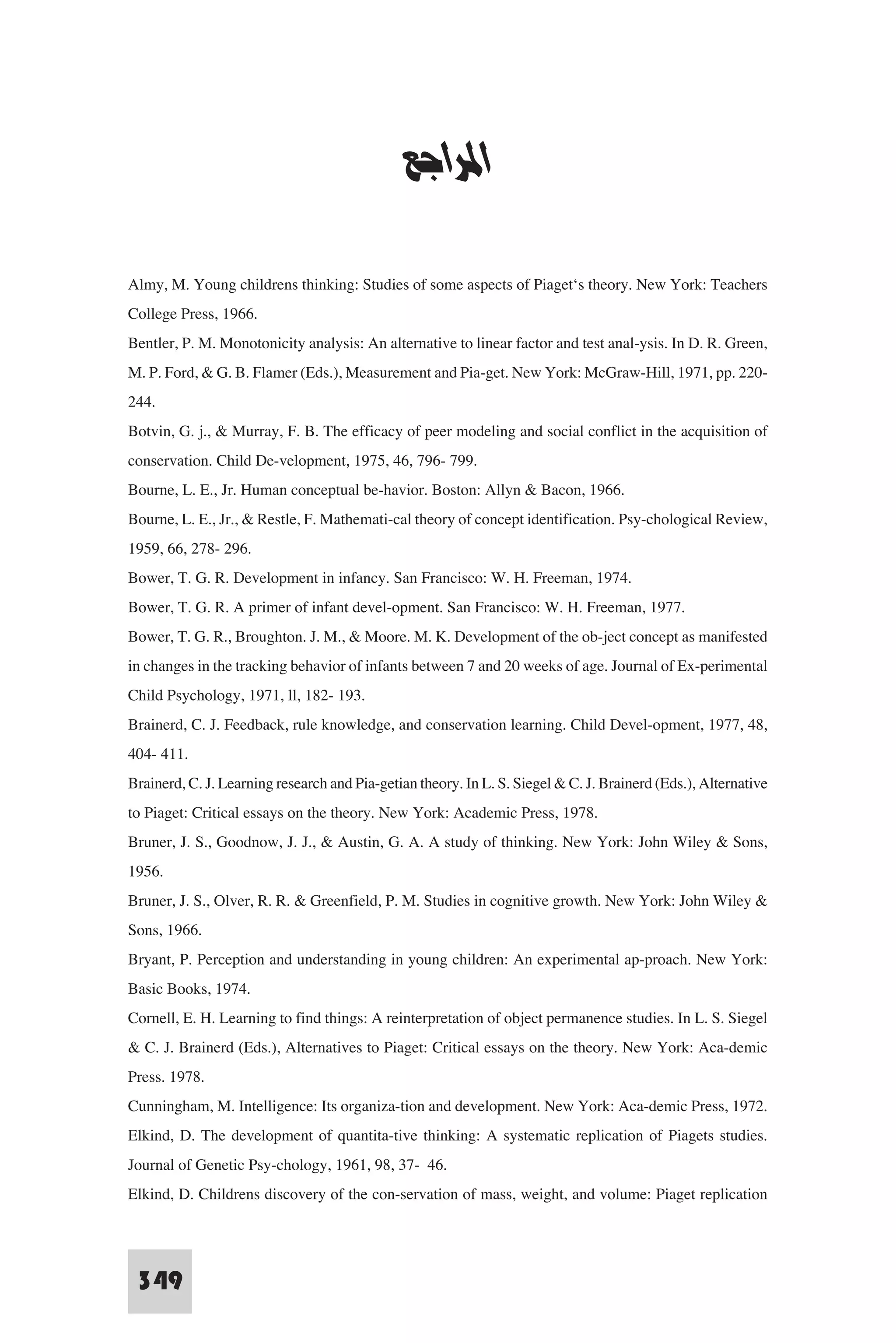 ‫اﻟﻨﻈﺮﻳﺔ اﻟﺒﻨﺎﺋﻴﺔ ﻟﺒﻴﺎﺟﻴﻪ‬


                                              ‫اﳌﺮاﺟﻊ‬

Almy, M. Young childrens thinking: Studies of some aspects of Piaget‘s theory. New York: Teachers
College Press, 1966.
Bentler, P. M. Monotonicity analysis: An alternative to linear factor and test anal-ysis. In D. R. Green,
M. P. Ford, & G. B. Flamer (Eds.), Measurement and Pia-get. New York: McGraw-Hill, 1971, pp. 220-
244.
Botvin, G. j., & Murray, F. B. The efficacy of peer modeling and social conflict in the acquisition of
conservation. Child De-velopment, 1975, 46, 796- 799.
Bourne, L. E., Jr. Human conceptual be-havior. Boston: Allyn & Bacon, 1966.
Bourne, L. E., Jr., & Restle, F. Mathemati-cal theory of concept identification. Psy-chological Review,
1959, 66, 278- 296.
Bower, T. G. R. Development in infancy. San Francisco: W. H. Freeman, 1974.
Bower, T. G. R. A primer of infant devel-opment. San Francisco: W. H. Freeman, 1977.
Bower, T. G. R., Broughton. J. M., & Moore. M. K. Development of the ob-ject concept as manifested
in changes in the tracking behavior of infants between 7 and 20 weeks of age. Journal of Ex-perimental
Child Psychology, 1971, ll, 182- 193.
Brainerd, C. J. Feedback, rule knowledge, and conservation learning. Child Devel-opment, 1977, 48,
404- 411.
Brainerd, C. J. Learning research and Pia-getian theory. In L. S. Siegel & C. J. Brainerd (Eds.), Alternative
to Piaget: Critical essays on the theory. New York: Academic Press, 1978.
Bruner, J. S., Goodnow, J. J., & Austin, G. A. A study of thinking. New York: John Wiley & Sons,
1956.
Bruner, J. S., Olver, R. R. & Greenfield, P. M. Studies in cognitive growth. New York: John Wiley &
Sons, 1966.
Bryant, P. Perception and understanding in young children: An experimental ap-proach. New York:
Basic Books, 1974.
Cornell, E. H. Learning to find things: A reinterpretation of object permanence studies. In L. S. Siegel
& C. J. Brainerd (Eds.), Alternatives to Piaget: Critical essays on the theory. New York: Aca-demic
Press. 1978.
Cunningham, M. Intelligence: Its organiza-tion and development. New York: Aca-demic Press, 1972.
Elkind, D. The development of quantita-tive thinking: A systematic replication of Piagets studies.
Journal of Genetic Psy-chology, 1961, 98, 37- 46.
Elkind, D. Childrens discovery of the con-servation of mass, weight, and volume: Piaget replication


 349
 