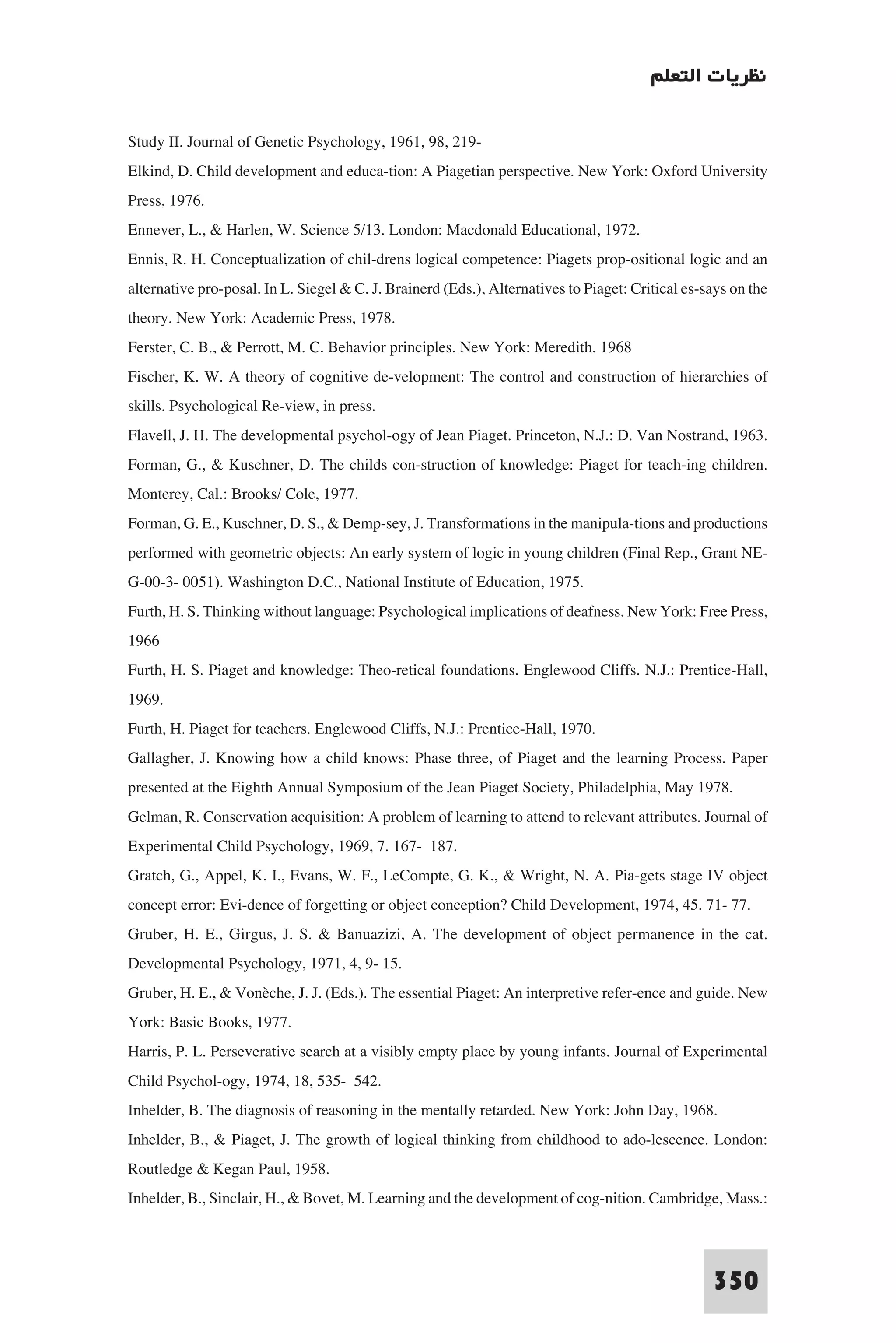 ‫ﻧﻈﺮﻳﺎت اﻟﺘﻌﻠﻢ‬

Study II. Journal of Genetic Psychology, 1961, 98, 219-
Elkind, D. Child development and educa-tion: A Piagetian perspective. New York: Oxford University
Press, 1976.
Ennever, L., & Harlen, W. Science 5/13. London: Macdonald Educational, 1972.
Ennis, R. H. Conceptualization of chil-drens logical competence: Piagets prop-ositional logic and an
alternative pro-posal. In L. Siegel & C. J. Brainerd (Eds.), Alternatives to Piaget: Critical es-says on the
theory. New York: Academic Press, 1978.
Ferster, C. B., & Perrott, M. C. Behavior principles. New York: Meredith. 1968
Fischer, K. W. A theory of cognitive de-velopment: The control and construction of hierarchies of
skills. Psychological Re-view, in press.
Flavell, J. H. The developmental psychol-ogy of Jean Piaget. Princeton, N.J.: D. Van Nostrand, 1963.
Forman, G., & Kuschner, D. The childs con-struction of knowledge: Piaget for teach-ing children.
Monterey, Cal.: Brooks/ Cole, 1977.
Forman, G. E., Kuschner, D. S., & Demp-sey, J. Transformations in the manipula-tions and productions
performed with geometric objects: An early system of logic in young children (Final Rep., Grant NE-
G-00-3- 0051). Washington D.C., National Institute of Education, 1975.
Furth, H. S. Thinking without language: Psychological implications of deafness. New York: Free Press,
1966
Furth, H. S. Piaget and knowledge: Theo-retical foundations. Englewood Cliffs. N.J.: Prentice-Hall,
1969.
Furth, H. Piaget for teachers. Englewood Cliffs, N.J.: Prentice-Hall, 1970.
Gallagher, J. Knowing how a child knows: Phase three, of Piaget and the learning Process. Paper
presented at the Eighth Annual Symposium of the Jean Piaget Society, Philadelphia, May 1978.
Gelman, R. Conservation acquisition: A problem of learning to attend to relevant attributes. Journal of
Experimental Child Psychology, 1969, 7. 167- 187.
Gratch, G., Appel, K. I., Evans, W. F., LeCompte, G. K., & Wright, N. A. Pia-gets stage IV object
concept error: Evi-dence of forgetting or object conception? Child Development, 1974, 45. 71- 77.
Gruber, H. E., Girgus, J. S. & Banuazizi, A. The development of object permanence in the cat.
Developmental Psychology, 1971, 4, 9- 15.
Gruber, H. E., & Vonèche, J. J. (Eds.). The essential Piaget: An interpretive refer-ence and guide. New
York: Basic Books, 1977.
Harris, P. L. Perseverative search at a visibly empty place by young infants. Journal of Experimental
Child Psychol-ogy, 1974, 18, 535- 542.
Inhelder, B. The diagnosis of reasoning in the mentally retarded. New York: John Day, 1968.
Inhelder, B., & Piaget, J. The growth of logical thinking from childhood to ado-lescence. London:
Routledge & Kegan Paul, 1958.
Inhelder, B., Sinclair, H., & Bovet, M. Learning and the development of cog-nition. Cambridge, Mass.:


                                                                                                  350
 