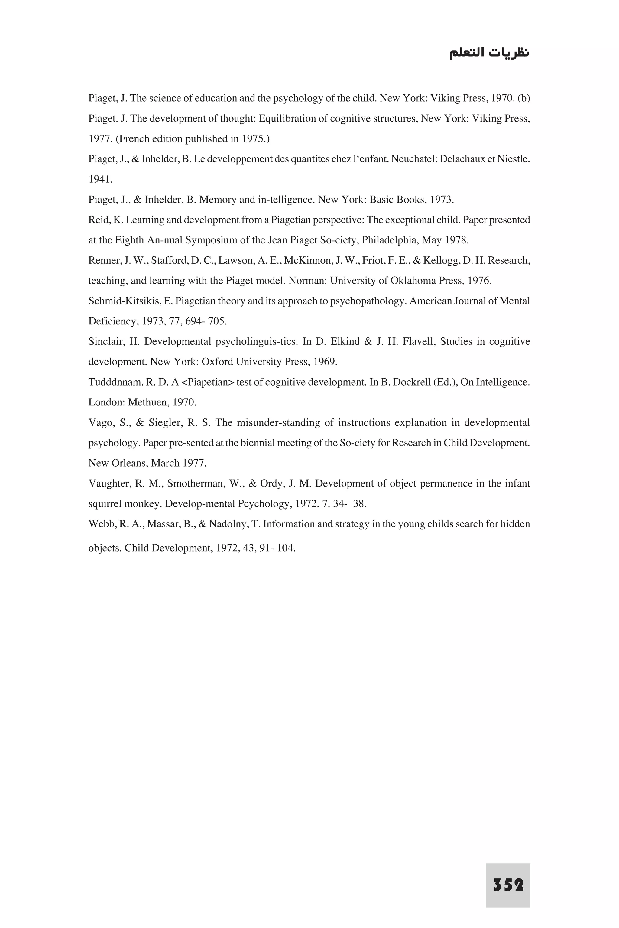 ‫ﻧﻈﺮﻳﺎت اﻟﺘﻌﻠﻢ‬

Piaget, J. The science of education and the psychology of the child. New York: Viking Press, 1970. (b)
Piaget. J. The development of thought: Equilibration of cognitive structures, New York: Viking Press,
1977. (French edition published in 1975.)
Piaget, J., & Inhelder, B. Le developpement des quantites chez l‘enfant. Neuchatel: Delachaux et Niestle.
1941.
Piaget, J., & Inhelder, B. Memory and in-telligence. New York: Basic Books, 1973.
Reid, K. Learning and development from a Piagetian perspective: The exceptional child. Paper presented
at the Eighth An-nual Symposium of the Jean Piaget So-ciety, Philadelphia, May 1978.
Renner, J. W., Stafford, D. C., Lawson, A. E., McKinnon, J. W., Friot, F. E., & Kellogg, D. H. Research,
teaching, and learning with the Piaget model. Norman: University of Oklahoma Press, 1976.
Schmid-Kitsikis, E. Piagetian theory and its approach to psychopathology. American Journal of Mental
Deficiency, 1973, 77, 694- 705.
Sinclair, H. Developmental psycholinguis-tics. In D. Elkind & J. H. Flavell, Studies in cognitive
development. New York: Oxford University Press, 1969.
Tudddnnam. R. D. A <Piapetian> test of cognitive development. In B. Dockrell (Ed.), On Intelligence.
London: Methuen, 1970.
Vago, S., & Siegler, R. S. The misunder-standing of instructions explanation in developmental
psychology. Paper pre-sented at the biennial meeting of the So-ciety for Research in Child Development.
New Orleans, March 1977.
Vaughter, R. M., Smotherman, W., & Ordy, J. M. Development of object permanence in the infant
squirrel monkey. Develop-mental Pcychology, 1972. 7. 34- 38.
Webb, R. A., Massar, B., & Nadolny, T. Information and strategy in the young childs search for hidden
objects. Child Development, 1972, 43, 91- 104.




                                                                                               352
 