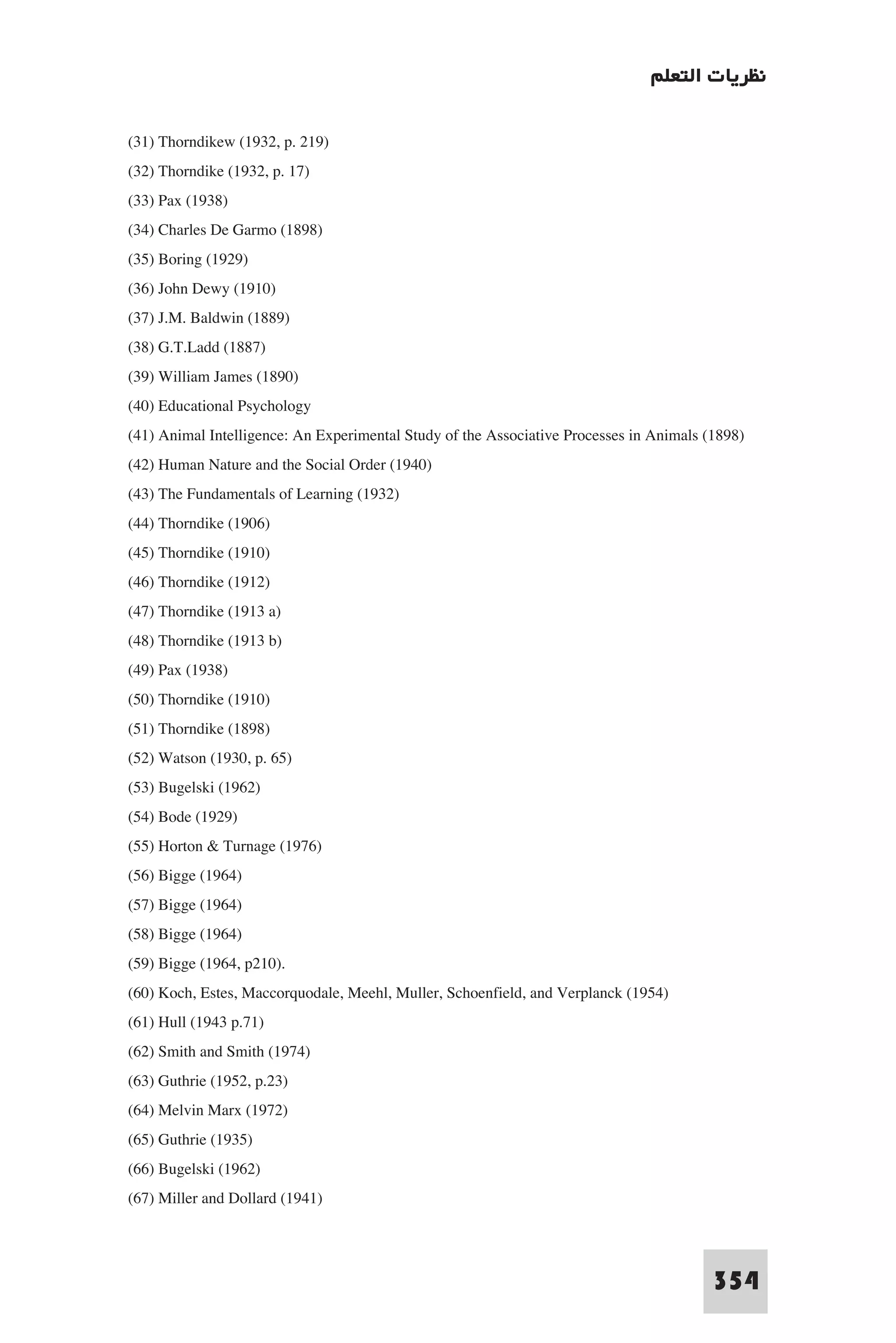 ‫ﻧﻈﺮﻳﺎت اﻟﺘﻌﻠﻢ‬

(31) Thorndikew (1932, p. 219)
(32) Thorndike (1932, p. 17)
(33) Pax (1938)
(34) Charles De Garmo (1898)
(35) Boring (1929)
(36) John Dewy (1910)
(37) J.M. Baldwin (1889)
(38) G.T.Ladd (1887)
(39) William James (1890)
(40) Educational Psychology
(41) Animal Intelligence: An Experimental Study of the Associative Processes in Animals (1898)
(42) Human Nature and the Social Order (1940)
(43) The Fundamentals of Learning (1932)
(44) Thorndike (1906)
(45) Thorndike (1910)
(46) Thorndike (1912)
(47) Thorndike (1913 a)
(48) Thorndike (1913 b)
(49) Pax (1938)
(50) Thorndike (1910)
(51) Thorndike (1898)
(52) Watson (1930, p. 65)
(53) Bugelski (1962)
(54) Bode (1929)
(55) Horton & Turnage (1976)
(56) Bigge (1964)
(57) Bigge (1964)
(58) Bigge (1964)
(59) Bigge (1964, p210).
(60) Koch, Estes, Maccorquodale, Meehl, Muller, Schoenfield, and Verplanck (1954)
(61) Hull (1943 p.71)
(62) Smith and Smith (1974)
(63) Guthrie (1952, p.23)
(64) Melvin Marx (1972)
(65) Guthrie (1935)
(66) Bugelski (1962)
(67) Miller and Dollard (1941)


                                                                                         354
 