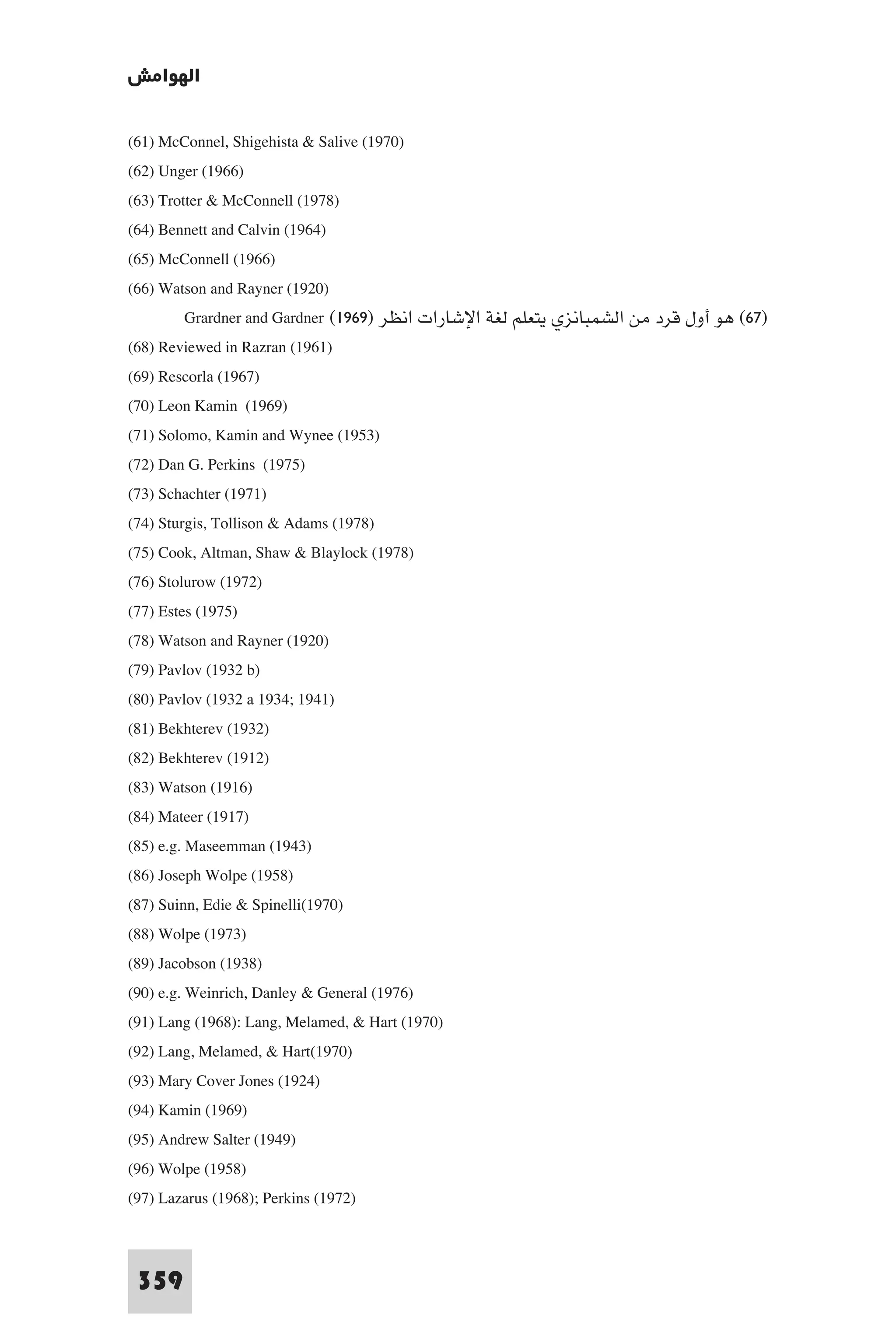 ‫اﻟﻬﻮاﻣﺶ‬

(61) McConnel, Shigehista & Salive (1970)
(62) Unger (1966)
(63) Trotter & McConnell (1978)
(64) Bennett and Calvin (1964)
(65) McConnell (1966)
(66) Watson and Rayner (1920)
          Grardner and Gardner (١٩٦٩) ‫)٧٦( ﻫﻮ أول ﻗﺮد ﻣﻦ اﻟﺸﻤﺒﺎﻧﺰي ﻳﺘﻌﻠﻢ ﻟﻐﺔ اﻹﺷﺎرات اﻧﻈﺮ‬
(68) Reviewed in Razran (1961)
(69) Rescorla (1967)
(70) Leon Kamin (1969)
(71) Solomo, Kamin and Wynee (1953)
(72) Dan G. Perkins (1975)
(73) Schachter (1971)
(74) Sturgis, Tollison & Adams (1978)
(75) Cook, Altman, Shaw & Blaylock (1978)
(76) Stolurow (1972)
(77) Estes (1975)
(78) Watson and Rayner (1920)
(79) Pavlov (1932 b)
(80) Pavlov (1932 a 1934; 1941)
(81) Bekhterev (1932)
(82) Bekhterev (1912)
(83) Watson (1916)
(84) Mateer (1917)
(85) e.g. Maseemman (1943)
(86) Joseph Wolpe (1958)
(87) Suinn, Edie & Spinelli(1970)
(88) Wolpe (1973)
(89) Jacobson (1938)
(90) e.g. Weinrich, Danley & General (1976)
(91) Lang (1968): Lang, Melamed, & Hart (1970)
(92) Lang, Melamed, & Hart(1970)
(93) Mary Cover Jones (1924)
(94) Kamin (1969)
(95) Andrew Salter (1949)
(96) Wolpe (1958)
(97) Lazarus (1968); Perkins (1972)


 359
 