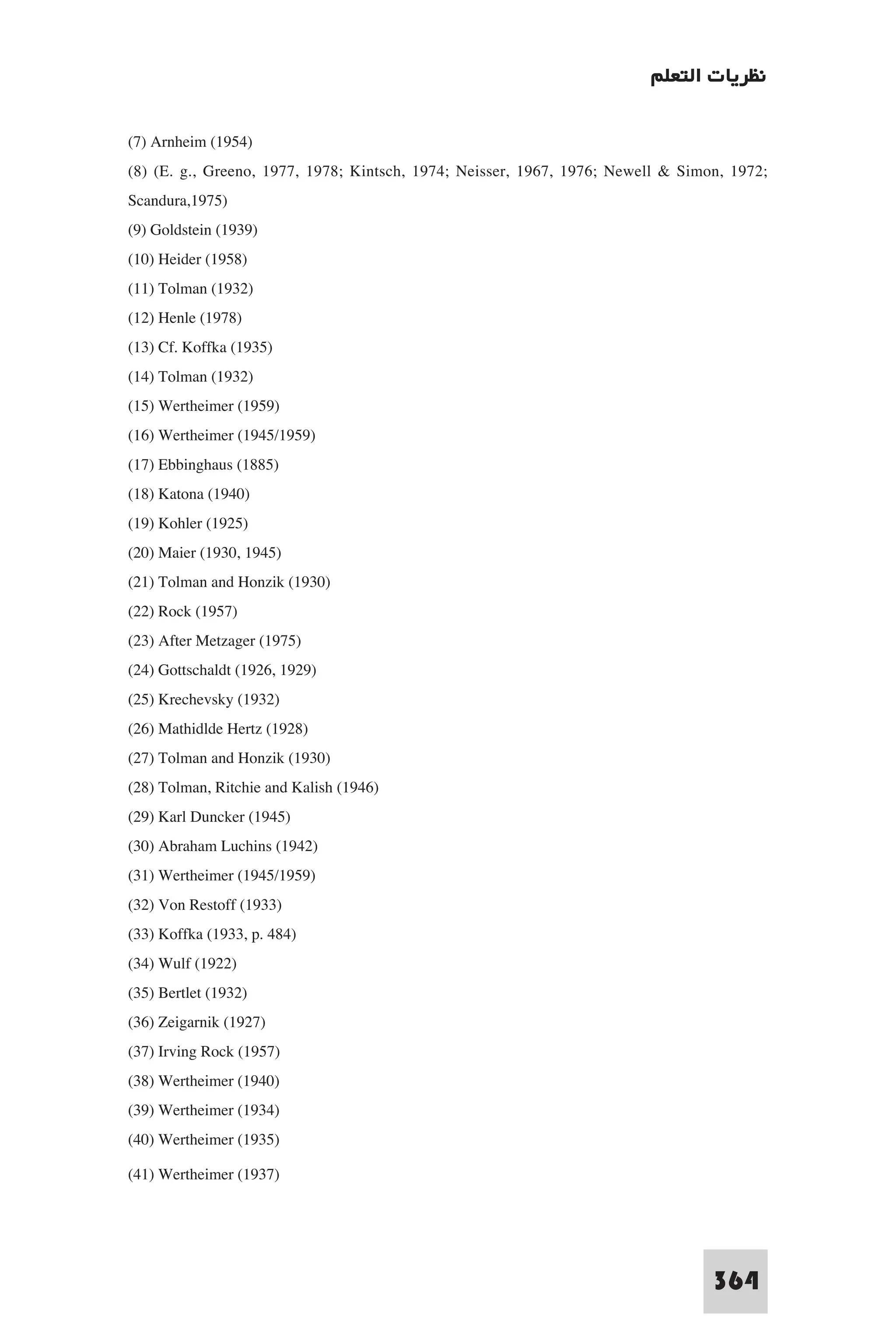 ‫ﻧﻈﺮﻳﺎت اﻟﺘﻌﻠﻢ‬

(7) Arnheim (1954)
(8) (E. g., Greeno, 1977, 1978; Kintsch, 1974; Neisser, 1967, 1976; Newell & Simon, 1972;
Scandura,1975)
(9) Goldstein (1939)
(10) Heider (1958)
(11) Tolman (1932)
(12) Henle (1978)
(13) Cf. Koffka (1935)
(14) Tolman (1932)
(15) Wertheimer (1959)
(16) Wertheimer (1945/1959)
(17) Ebbinghaus (1885)
(18) Katona (1940)
(19) Kohler (1925)
(20) Maier (1930, 1945)
(21) Tolman and Honzik (1930)
(22) Rock (1957)
(23) After Metzager (1975)
(24) Gottschaldt (1926, 1929)
(25) Krechevsky (1932)
(26) Mathidlde Hertz (1928)
(27) Tolman and Honzik (1930)
(28) Tolman, Ritchie and Kalish (1946)
(29) Karl Duncker (1945)
(30) Abraham Luchins (1942)
(31) Wertheimer (1945/1959)
(32) Von Restoff (1933)
(33) Koffka (1933, p. 484)
(34) Wulf (1922)
(35) Bertlet (1932)
(36) Zeigarnik (1927)
(37) Irving Rock (1957)
(38) Wertheimer (1940)
(39) Wertheimer (1934)
(40) Wertheimer (1935)
(41) Wertheimer (1937)



                                                                                 364
 