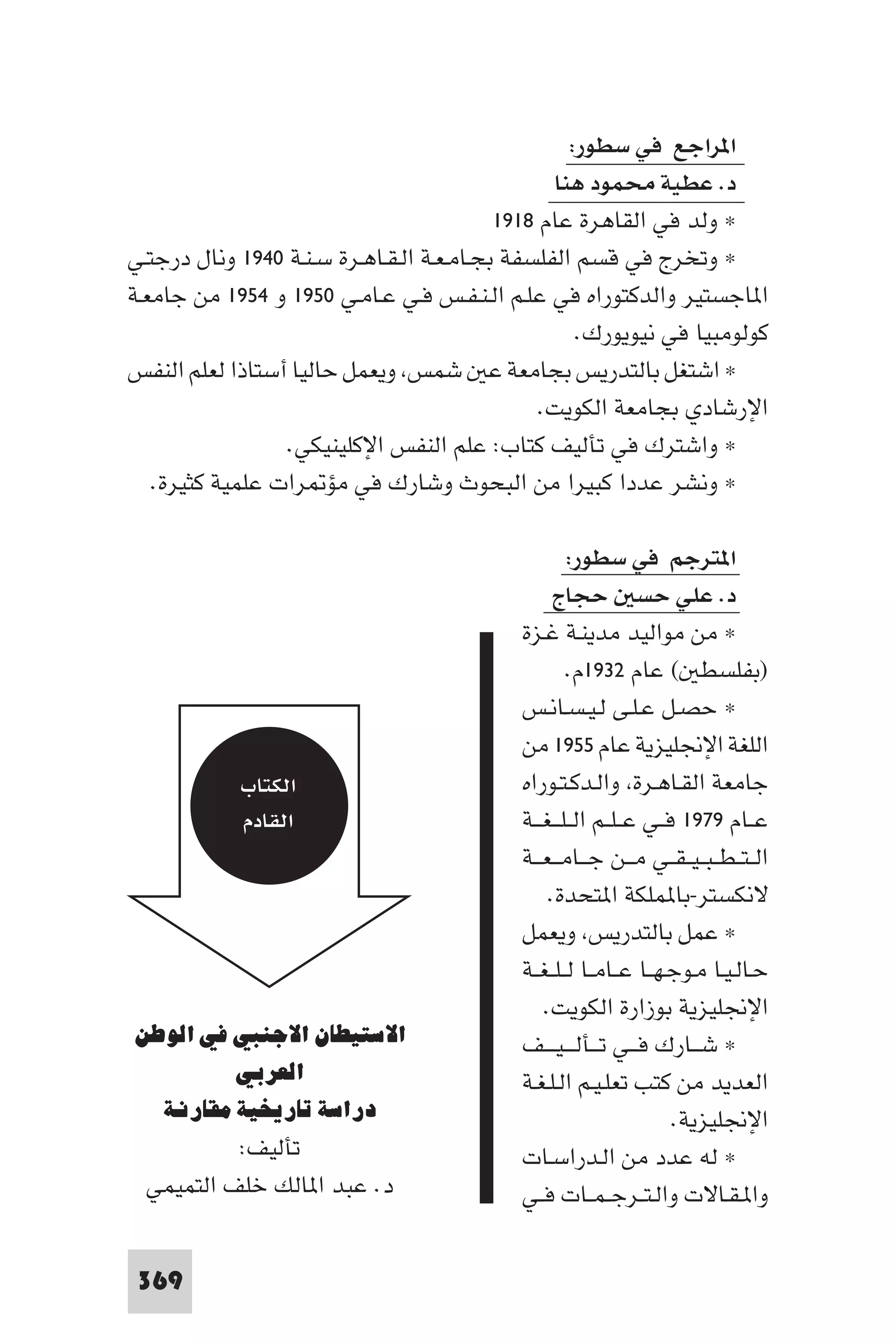 ‫ا ﺮاﺟﻊ ﻓﻲ ﺳﻄﻮر:‬
                                                 ‫د. ﻋﻄﻴﺔ ﻣﺤﻤﻮد ﻫﻨﺎ‬
                                           ‫× وﻟﺪ ﻓﻲ اﻟﻘﺎﻫﺮة ﻋﺎم ٨١٩١‬
‫× وﺗﺨﺮج ﻓﻲ ﻗﺴﻢ اﻟﻔﻠﺴﻔﺔ ﺑﺠـﺎﻣـﻌـﺔ اﻟـﻘـﺎﻫـﺮة ﺳـﻨـﺔ ٠٤٩١ وﻧﺎل درﺟﺘـﻲ‬
‫ا ﺎﺟﺴﺘﻴﺮ واﻟﺪﻛﺘﻮراه ﻓﻲ ﻋﻠـﻢ اﻟـﻨـﻔـﺲ ﻓـﻲ ﻋـﺎﻣـﻲ ٠٥٩١ و ٤٥٩١ ﻣﻦ ﺟﺎﻣﻌـﺔ‬
                                                    ‫ﻛﻮﻟﻮﻣﺒﻴﺎ ﻓﻲ ﻧﻴﻮﻳﻮرك.‬
‫× اﺷﺘﻐﻞ ﺑﺎﻟﺘﺪرﻳﺲ ﺑﺠﺎﻣﻌﺔ ﻋ ﺷﻤﺲ وﻳﻌﻤﻞ ﺣﺎﻟﻴﺎ أﺳﺘﺎذا ﻟﻌﻠﻢ اﻟﻨﻔﺲ‬
                                                ‫اﻹرﺷﺎدي ﺑﺠﺎﻣﻌﺔ اﻟﻜﻮﻳﺖ.‬
                 ‫× واﺷﺘﺮك ﻓﻲ ﺗﺄﻟﻴﻒ ﻛﺘﺎب: ﻋﻠﻢ اﻟﻨﻔﺲ اﻹﻛﻠﻴﻨﻴﻜﻲ.‬
   ‫× وﻧﺸﺮ ﻋﺪدا ﻛﺒﻴﺮا ﻣﻦ اﻟﺒﺤﻮث وﺷﺎرك ﻓﻲ ﻣﺆ ﺮات ﻋﻠﻤﻴﺔ ﻛﺜﻴﺮة.‬

                                                     ‫ا ﺘﺮﺟﻢ ﻓﻲ ﺳﻄﻮر:‬
                                                  ‫د. ﻋﻠﻲ ﺣﺴ ﺣﺠﺎج‬
                                            ‫× ﻣﻦ ﻣﻮاﻟﻴﺪ ﻣﺪﻳﻨـﺔ ﻏـﺰة‬
                                                     ‫)ﺑﻔﻠﺴﻄ ( ﻋﺎم ٢٣٩١م.‬
                                            ‫× ﺣﺼـﻞ ﻋـﻠـﻰ ﻟـﻴـﺴـﺎﻧـﺲ‬
                                            ‫اﻟﻠﻐﺔ اﻹﳒﻠﻴﺰﻳﺔ ﻋﺎم ٥٥٩١ ﻣﻦ‬
            ‫اﻟﻜﺘﺎب‬                          ‫ﺟﺎﻣﻌﺔ اﻟﻘـﺎﻫـﺮة واﻟـﺪﻛـﺘـﻮراه‬
            ‫اﻟﻘﺎدم‬                          ‫ﻋــﺎم ٩٧٩١ ﻓــﻲ ﻋ ـﻠــﻢ اﻟ ـﻠـ ـﻐ ــﺔ‬
                                            ‫اﻟ ـﺘ ـﻄ ـﺒ ـﻴ ـﻘــﻲ ﻣ ــﻦ ﺟ ــﺎﻣـ ـﻌ ــﺔ‬
                                                 ‫ﻻﻧﻜﺴﺘﺮ-ﺑﺎ ﻤﻠﻜﺔ ا ﺘﺤﺪة.‬
                                            ‫× ﻋﻤﻞ ﺑﺎﻟﺘﺪرﻳﺲ وﻳﻌﻤﻞ‬
                                            ‫ﺣـﺎﻟـﻴـﺎ ﻣـﻮﺟـﻬــﺎ ﻋــﺎﻣــﺎ ﻟ ـﻠ ـﻐــﺔ‬
                                                ‫اﻹﳒﻠﻴﺰﻳﺔ ﺑﻮزارة اﻟﻜﻮﻳﺖ.‬
‫اﻻﺳﺘﻴﻄﺎن اﻻﺟﻨﺒﻲ ﻓﻲ اﻟﻮﻃﻦ‬                    ‫× ﺷ ــﺎرك ﻓ ــﻲ ﺗ ــﺄﻟ ـ ـﻴـ ــﻒ‬
         ‫اﻟﻌﺮﺑﻲ‬                             ‫اﻟﻌﺪﻳﺪ ﻣﻦ ﻛﺘﺐ ﺗﻌﻠـﻴـﻢ اﻟـﻠـﻐـﺔ‬
  ‫دراﺳﺔ ﺗﺎرﻳﺨﻴﺔ ﻣﻘﺎرﻧﺔ‬                                                ‫اﻹﳒﻠﻴﺰﻳﺔ.‬
           ‫ﺗﺄﻟﻴﻒ:‬                           ‫× ﻟﻪ ﻋﺪد ﻣﻦ اﻟـﺪراﺳـﺎت‬
  ‫د. ﻋﺒﺪ ا ﺎﻟﻚ ﺧﻠﻒ اﻟﺘﻤﻴﻤﻲ‬                  ‫وا ـﻘـﺎﻻت واﻟـﺘــﺮﺟ ـﻤــﺎت ﻓــﻲ‬

 ‫963‬
 