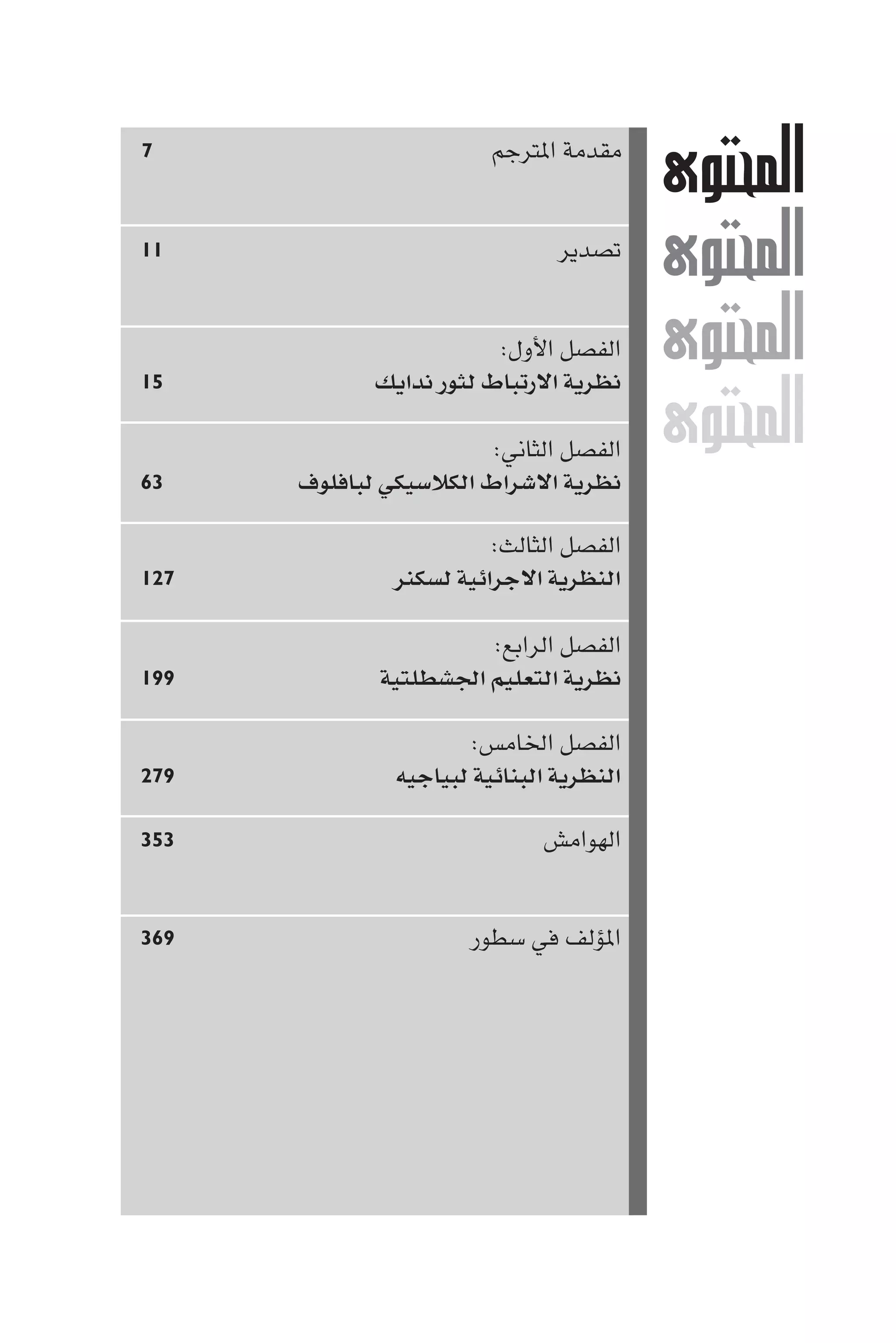 ‫٧‬                        ‫ﻣﻘﺪﻣﺔ ا ﺘﺮﺟﻢ‬
                                          ‫‪M‬‬
‫١١‬                              ‫ﺗﺼﺪﻳﺮ‬
                                          ‫‪M‬‬
‫٥١‬
                         ‫اﻟﻔﺼﻞ اﻷول:‬
             ‫ﻧﻈﺮﻳﺔ اﻻرﺗﺒﺎط ﻟﺜﻮر ﻧﺪاﻳﻚ‬
                                          ‫‪M‬‬
‫٣٦‬
                        ‫اﻟﻔﺼﻞ اﻟﺜﺎﻧﻲ:‬
      ‫ﻧﻈﺮﻳﺔ اﻻﺷﺮاط اﻟﻜﻼﺳﻴﻜﻲ ﻟﺒﺎﻓﻠﻮف‬
                                          ‫‪M‬‬
                         ‫اﻟﻔﺼﻞ اﻟﺜﺎﻟﺚ:‬
‫٧٢١‬            ‫اﻟﻨﻈﺮﻳﺔ اﻻﺟﺮاﺋﻴﺔ ﻟﺴﻜﻨﺮ‬

                      ‫اﻟﻔﺼﻞ اﻟﺮاﺑﻊ:‬
‫٩٩١‬          ‫ﻧﻈﺮﻳﺔ اﻟﺘﻌﻠﻴﻢ اﳉﺸﻄﻠﺘﻴﺔ‬

                       ‫اﻟﻔﺼﻞ اﳋﺎﻣﺲ:‬
‫٩٧٢‬            ‫اﻟﻨﻈﺮﻳﺔ اﻟﺒﻨﺎﺋﻴﺔ ﻟﺒﻴﺎﺟﻴﻪ‬

‫٣٥٣‬                           ‫اﻟﻬﻮاﻣﺶ‬


‫٩٦٣‬                   ‫ا ﺆﻟﻒ ﻓﻲ ﺳﻄﻮر‬
 