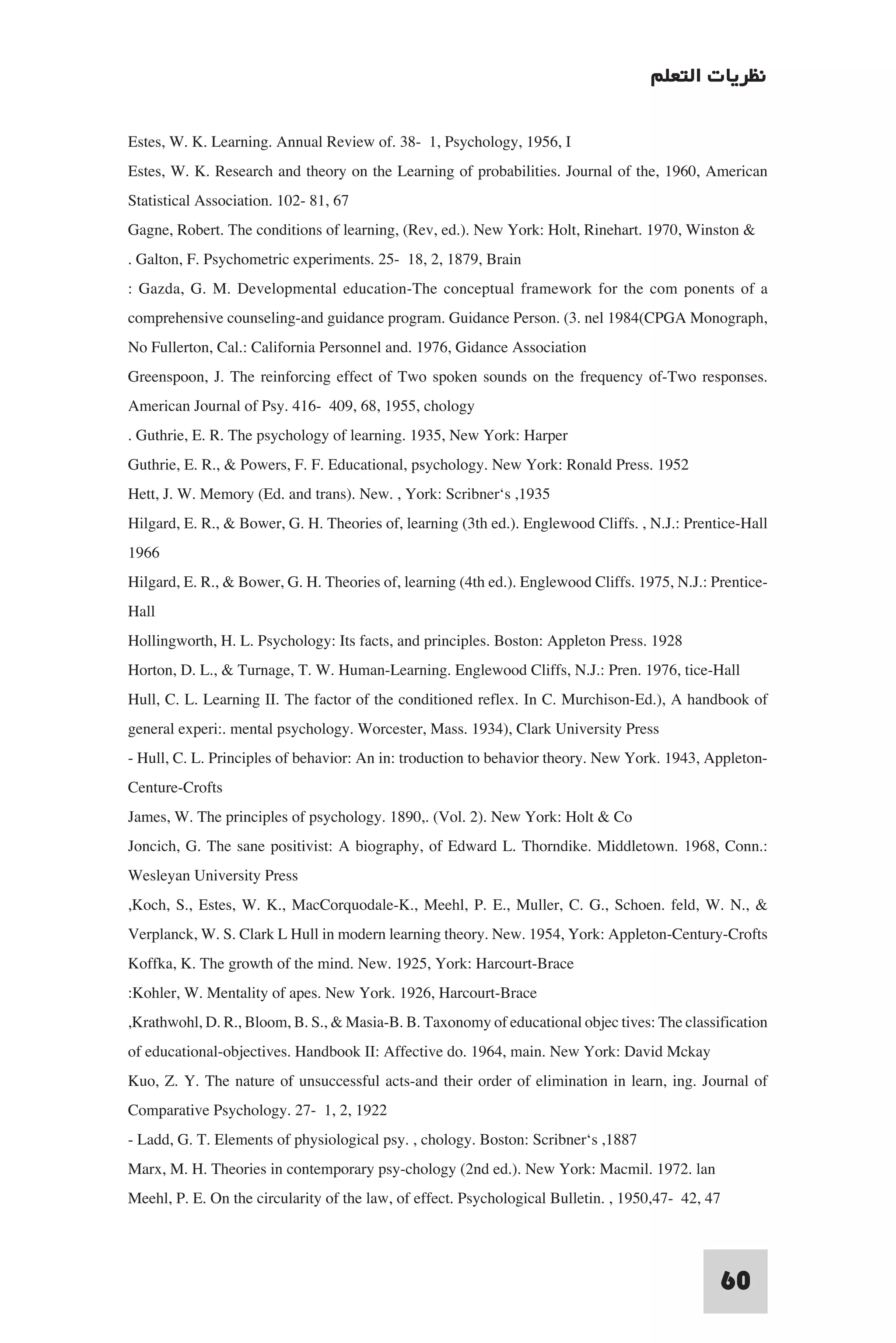 ‫ﻧﻈﺮﻳﺎت اﻟﺘﻌﻠﻢ‬

Estes, W. K. Learning. Annual Review of. 38- 1, Psychology, 1956, I
Estes, W. K. Research and theory on the Learning of probabilities. Journal of the, 1960, American
Statistical Association. 102- 81, 67
Gagne, Robert. The conditions of learning, (Rev, ed.). New York: Holt, Rinehart. 1970, Winston &
. Galton, F. Psychometric experiments. 25- 18, 2, 1879, Brain
: Gazda, G. M. Developmental education-The conceptual framework for the com ponents of a
comprehensive counseling-and guidance program. Guidance Person. (3. nel 1984(CPGA Monograph,
No Fullerton, Cal.: California Personnel and. 1976, Gidance Association
Greenspoon, J. The reinforcing effect of Two spoken sounds on the frequency of-Two responses.
American Journal of Psy. 416- 409, 68, 1955, chology
. Guthrie, E. R. The psychology of learning. 1935, New York: Harper
Guthrie, E. R., & Powers, F. F. Educational, psychology. New York: Ronald Press. 1952
Hett, J. W. Memory (Ed. and trans). New. , York: Scribner‘s ,1935
Hilgard, E. R., & Bower, G. H. Theories of, learning (3th ed.). Englewood Cliffs. , N.J.: Prentice-Hall
1966
Hilgard, E. R., & Bower, G. H. Theories of, learning (4th ed.). Englewood Cliffs. 1975, N.J.: Prentice-
Hall
Hollingworth, H. L. Psychology: Its facts, and principles. Boston: Appleton Press. 1928
Horton, D. L., & Turnage, T. W. Human-Learning. Englewood Cliffs, N.J.: Pren. 1976, tice-Hall
Hull, C. L. Learning II. The factor of the conditioned reflex. In C. Murchison-Ed.), A handbook of
general experi:. mental psychology. Worcester, Mass. 1934), Clark University Press
- Hull, C. L. Principles of behavior: An in: troduction to behavior theory. New York. 1943, Appleton-
Centure-Crofts
James, W. The principles of psychology. 1890,. (Vol. 2). New York: Holt & Co
Joncich, G. The sane positivist: A biography, of Edward L. Thorndike. Middletown. 1968, Conn.:
Wesleyan University Press
,Koch, S., Estes, W. K., MacCorquodale-K., Meehl, P. E., Muller, C. G., Schoen. feld, W. N., &
Verplanck, W. S. Clark L Hull in modern learning theory. New. 1954, York: Appleton-Century-Crofts
Koffka, K. The growth of the mind. New. 1925, York: Harcourt-Brace
:Kohler, W. Mentality of apes. New York. 1926, Harcourt-Brace
,Krathwohl, D. R., Bloom, B. S., & Masia-B. B. Taxonomy of educational objec tives: The classification
of educational-objectives. Handbook II: Affective do. 1964, main. New York: David Mckay
Kuo, Z. Y. The nature of unsuccessful acts-and their order of elimination in learn, ing. Journal of
Comparative Psychology. 27- 1, 2, 1922
- Ladd, G. T. Elements of physiological psy. , chology. Boston: Scribner‘s ,1887
Marx, M. H. Theories in contemporary psy-chology (2nd ed.). New York: Macmil. 1972. lan
Meehl, P. E. On the circularity of the law, of effect. Psychological Bulletin. , 1950,47- 42, 47


                                                                                               60
 
