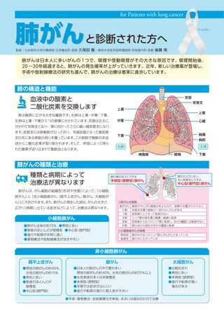 制作：NPO法人キャンサーネットジャパン 制作協力：日本イーライリリー株式会社
肺がんと診断された方へ肺がんと診断された方へ
肺の構造と機能
肺がん患者さんは抗がん剤の「治療効果」と
「QOL（生活の質）の維持」に期待する
NPO 法人キャンサーネットジャパンが実施した
「肺がん治療に関するアンケート」結果報告
血液中の酸素と
二酸化炭素を交換します
監修：日本医科大学付属病院 化学療法科 部長 久保田 馨・東京大学医学部附属病院 呼吸器内科 助教 後藤 悌
アンケート総回答数130 有効回答数123
●文書でのアンケート回答 61
●インターネットでの回答 69
調査方法：1. 患者会へのアンケート協力依頼
2. セミナー会場でのアンケート依頼
3. インターネット回答サイト利用
調査期間：2010 年 9 月 21 日∼ 10 月 25 日
2011年12月作成
●この冊子は右記のURLからダウンロードできます。http://www.cancernet.jp/publish
※本冊子の無断転載・複写は禁じられています。内容を引用する際には出典を明記してください。
参考 : 国立がん研究センター がん対策情報センター「がん情報サービス」http://ganjoho.jp
   ASCO ANSWERS LUNG CANCER（米国臨床腫瘍学会）
肺がんは日本人に多いがんの 1つで、喫煙や受動喫煙がその大きな原因です。喫煙開始後、
20 ∼30年経過すると、肺がんの発生確率が上がっていきます。近年、新しい治療薬が登場し、
手術や放射線療法の研究も進んで、肺がんの治療は着実に進歩しています。
扁平上皮がん 腺がん 大細胞がん
 肺は胸郭に広がる大きな臓器です。右肺は上葉・中葉・下葉、
左肺は上葉・下葉の 5 つの肺葉に分かれています。気管は左右に
分かれて気管支となり、奥に向かってさらに細い細気管支になり
ます。気管支には肺動脈が沿っており、毛細血管となって細気管
支の先にある肺胞の周りを覆っています。この肺胞で静脈の赤血
球から二酸化炭素が取り除かれます。そして、呼吸によって得ら
れた酸素が送り込まれて動脈血となります。
肺がんの種類と治療
種類と病期によって
治療法が異なります
 肺がんは、がん細胞の組織型（形状や性質）によって、「小細胞
肺がん」と「非小細胞肺がん（扁平上皮がん、腺がん、大細胞が
ん）」に大別されます。また、肺がんの発生した部位、がんの大きさ、
広がり（病期）、出ている症状などによって、治療法は異なります。
小細胞肺がん
図 1：抗がん剤治療に期待することは何ですか？（上位3つを選択、単位：人）
●肺がん全体の約15％ ●男性に多い
●患者のほとんどが喫煙者 ●中心型（肺門型） 
●進行や転移が非常に速い
●薬物療法や放射線療法が効きやすい
非小細胞肺がん
●男性の肺がんの約40％、
 女性の肺がんの約15％
●男性に多い
●患者のほとんどが
 喫煙者
●中心型（肺門型）
●日本人の肺がんの中で最も多い
 男性の肺がんの約40％、女性の肺がんの約70％以上
●女性患者の多くは非喫煙者
●末梢型（肺野型） 
●早期では症状が出にくい
●進行や転移の速さに個人差が大きい
●比較的まれ
●男性に多い
●末梢型（肺野型）
●進行や転移が速い
 場合がある
抗がん剤の気になる副作用は、
吐き気・嘔吐、脱毛、体のだるさなど
 NPO 法人キャンサーネットジャパンでは、2010年秋に肺が
ん患者さんを対象に、治療や医師・看護師ら医療スタッフとの
かかわりに関するアンケートを行いました。
 回答者の年代は 60代が 30％、70代が33％とほぼ同率で、
50代は16％、40代以下は合計で12％でした。手術後に薬物療
法を受けた人が55名で、手術をせずに薬物療法を受けた人と
再発後に薬物療法を受けた人が68 名でした。
 「抗がん剤治療への期待」を聞いたところ、「生存期間が延び
ること」（63.4％）が最も多く、「副作用が少ないこと」（57.7％）、
「がんが小さくなること」（52％）、「これまでと同じ生活が維持
できること」（51.2％）と「治療効果」と「QOL（生活の質）の維持」
に期待が高いことがわかりました（図1）。抗がん剤の気になる
副作用は、「吐き気・嘔吐」が最も多く、次いで「脱毛」「体のだ
るさ」「検査値の異常」がほぼ同数でした（図2）。
医師には治療法や病気について質問・相談し、
半数以上が回答に満足している
 医療従事者に質問・相談したいことは、医師に対しても、看
護師や薬剤師など医師以外の医療従事者に対しても「治療方法
について」「病気について」が最も多く、「心のケア」「医療費・
医療制度について」などが続きました。質問・相談に対する回
答への満足度は、医師に対しては半数以上が「満足している」
と回答したのに対し、医師以外の医療従事者に対しては「満足
している」と「わからない」との回答数がほぼ同数でした。
 医療従事者以外からのサ
ポートで一番期待されたのは
「病気や治療についての知識
を得る機会」が1位で、次いで
「心のケア」「体験者からのア
ドバイス」「医療制度について
の説明」がほぼ同数でした。
① 生存期間が延びること
② 副作用が少ないこと
③ がんが小さくなること
④ これまでと同じ生活が維持できること
⑤ 再発を予防する・再発までの期間を延ばす
⑥ 痛みが減ること
⑦ コスト（経済的負担）が少ないこと
⑧ 外来治療であること
⑨ その他
その他の記述：①湿疹 ②全部です ③発疹、かゆみ ④軟便 ⑤肌あれ ⑥色素沈着など ⑦皮膚炎 ⑧しびれ ⑨精神障害 ⑩咳
⑪見た目の変化。もともと痩せ型のため、食欲不振によりすごく細くなり、見た目がすごく変わってしまう
図 2：気になる抗がん剤の副作用は何ですか？ （上位3つを選択、単位：人）
●手術・薬物療法・放射線療法を単独、あるいは組み合わせて治療
64
78
30
71
63
42
11
21
2
51
18
73
46
53
22
52
18
10
14
3
① 吐き気や嘔吐
② 脱毛
③ 体のだるさ
④ 検査値（白血球数、好中球数など）の異常
⑤ 食欲不振
⑥ 手足のしびれ
⑦ 発熱
⑦ 味覚障害、嗅覚障害
⑨ 爪の変色、はがれ
⑩ 血管痛、血管炎
⑪ その他
for Patients with lung cancer
パールリボン
右肺
胸膜
上葉
上葉
下葉
中葉
縦隔
心臓
横隔膜
気管支
気管
胸腔
下葉
左肺
肺の入り口に近い、
太い気管支にできる
中心型（肺門型）肺がん
肺の奥のほうにできる
喀痰の中にがん細胞はあるものの、病巣の位置がわからない
気管支を覆う細胞の一部のみにがんがある
原発巣にとどまって転移がない
リンパ節か肺を覆う胸膜・胸壁に転移
原発巣から近くのリンパ節に転移し、ほかの臓器には転移がない
肺のほかの部位やほかの臓器に転移
潜伏がん
0 期
Ⅰ期
Ⅱ期
Ⅲ期
Ⅳ期
末梢型（肺野型）肺がん
◎肺がんの病期
肺の中や近くのリンパ節にがんがとどまっている
肺の外に広がっている
限局型
進展型
◎小細胞肺がんの病期
 